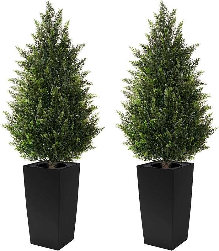 4FT Tall 2 Pack Artificial Cedar Topiary Trees with Compact Pyramidal Shape, Realistic Faux Cypress in Square Black Pot with Fillable Water Bag, Outdoor Evergreen for Front Porch Garden Home Decor