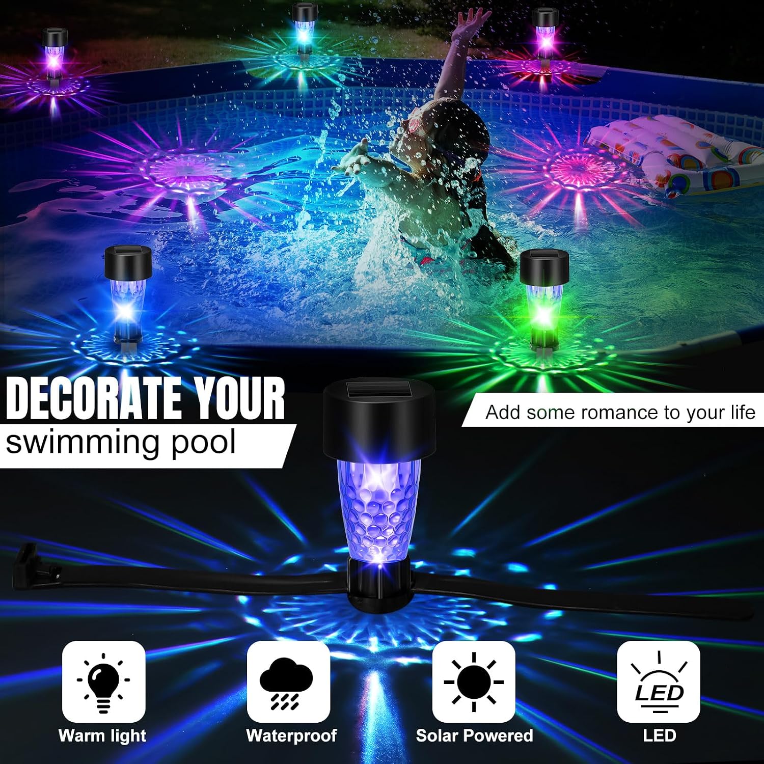 8 Pcs Pool Solar Charging Lights for Framed Above Ground Pools Waterproof Solar Charging Light Outdoor Swimming Pools Fence Decorations Pool Accessories Night Lights