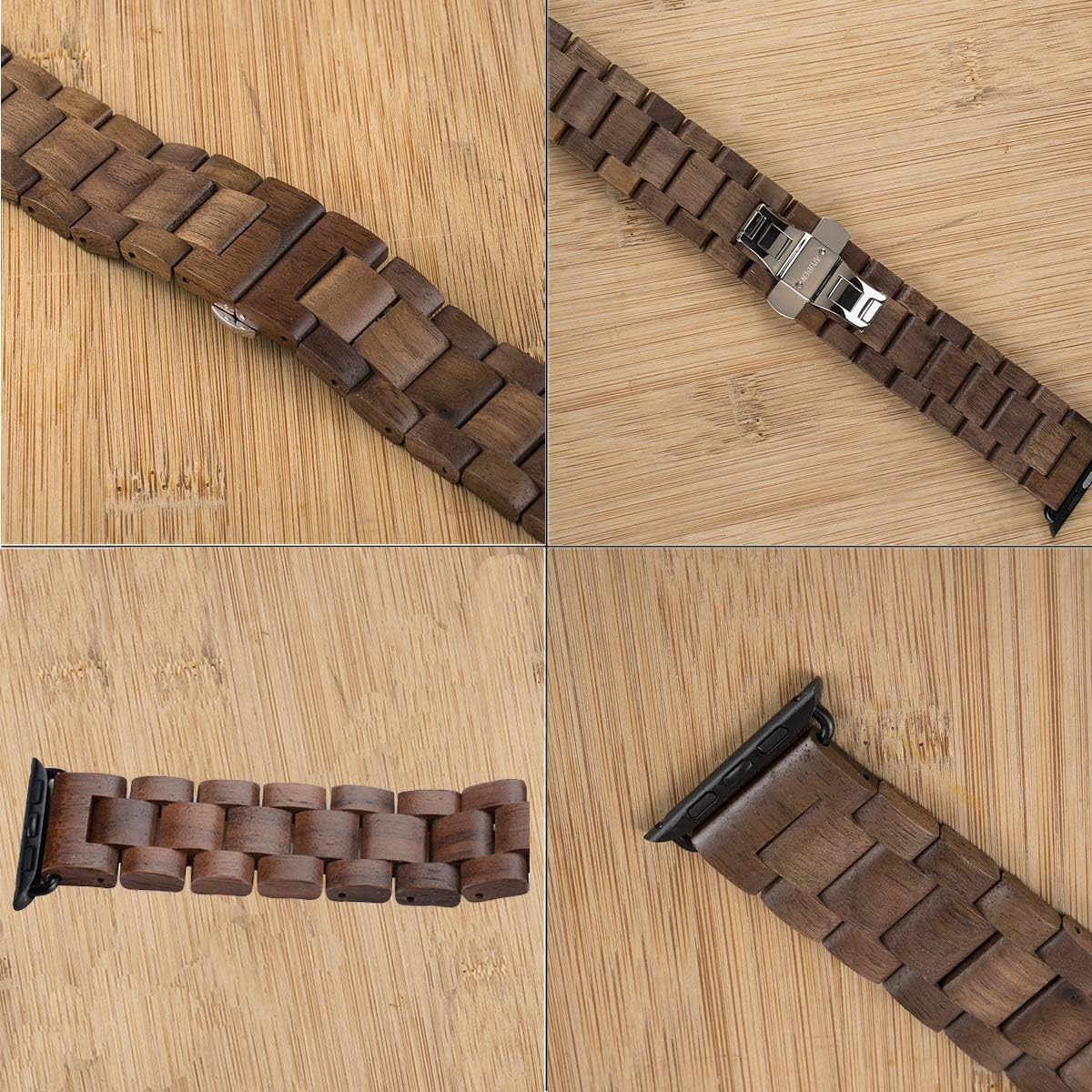 Wooden Watch Band 38mm 40mm 41mm with Stainless Steel Butterfly Buckle Compatible for iWatch Ultra 2 SE Series 9 8 7 6 5 4 3 2 1 (Walnut) - Image 9