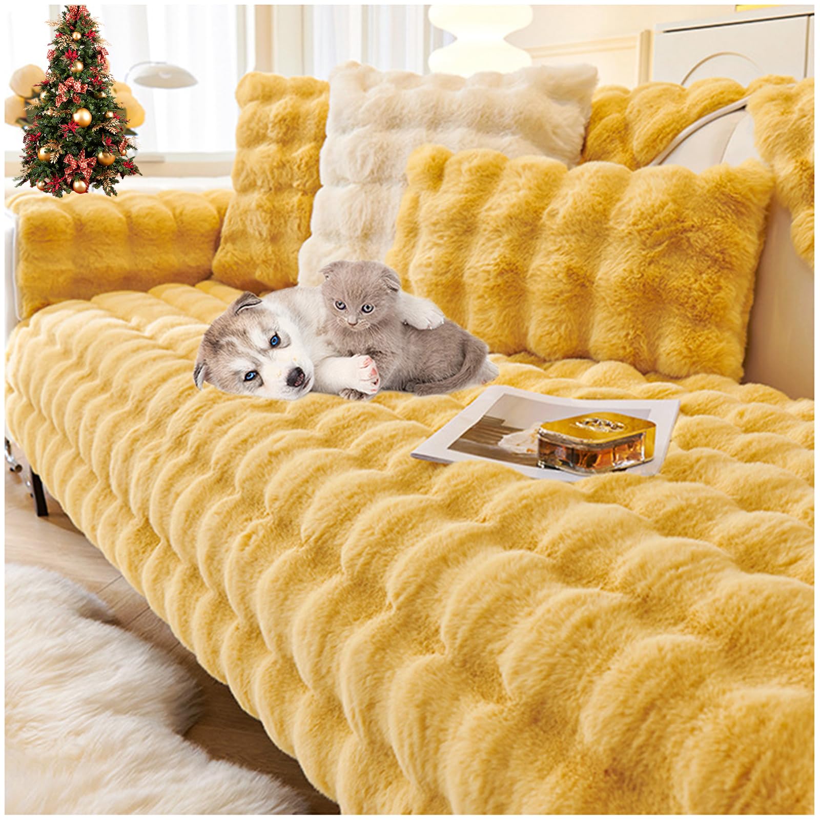 Housse de protection antidérapante jaune 70x150 cm en fourrure épaisse motif lapin lavable