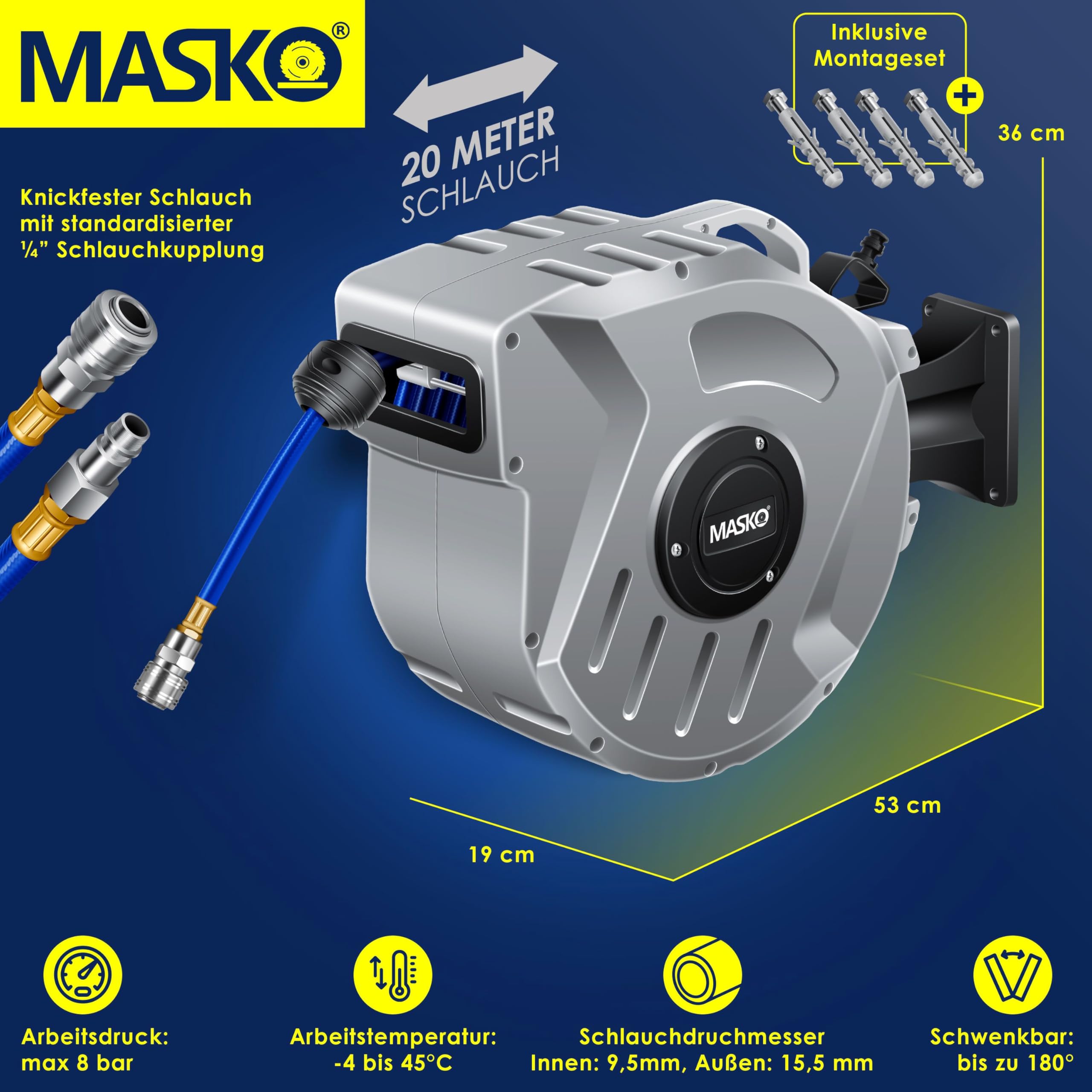 MASKO® Automatik Druckluftschlauch Aufroller 20m – Schlauchtrommel mit 1/4" Anschluss, Schlauchaufroller, Wandhalterung, Tragegriff, 180° schwenkbar, Schlauchbremse, vormontiert & sofort einsatzbereit