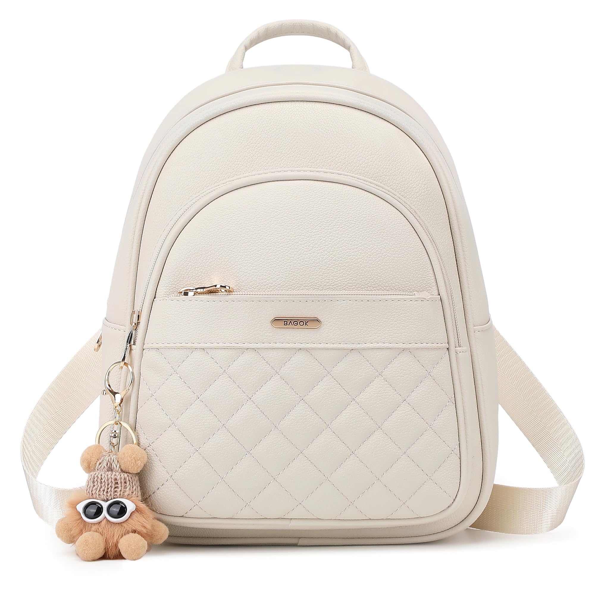 BAGOK Mini Rucksack Damen Klein – Eleganter Kunstleder Rucksack mit Steppoptik, Plüschanhänger & Quaste – Für Frauen & Mädchen im Alltag & auf Reisen