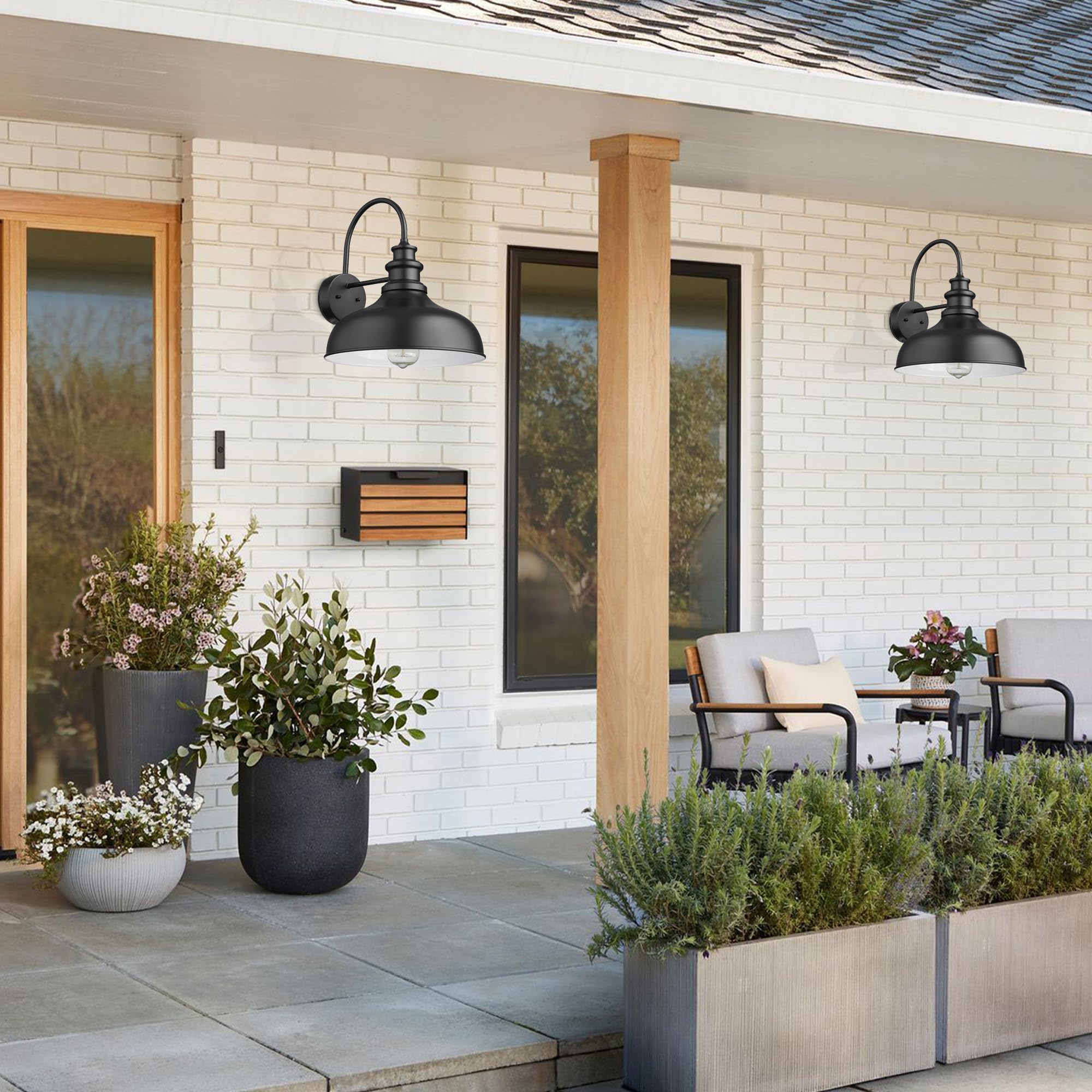 Bestshared Large Farmhouse Barn Lights 16 Inch Dome Outdoor Wall Lighting Fixture Industrial Wall Sconces Exterior Mount Lantern Light for Porch, Entryway, Garage(2Pack, Black+White)