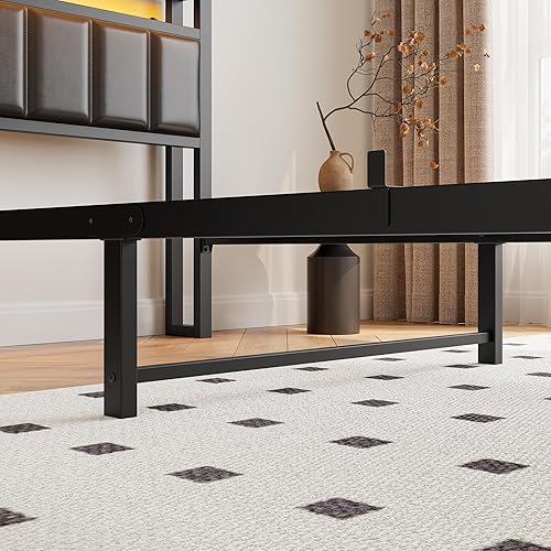 Miniatura 6 de HOJINLINERO Base de cama individual con estación de carga y luces LED, cabecera tapizada de almacenamiento, marco de cama de metal, marco de cama de