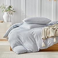 Vista 5 de DuShow Juego de funda de edredón de microfibra lavada a cuadros azul polvoriento, juego de funda de edredón de 3 piezas reversible suave