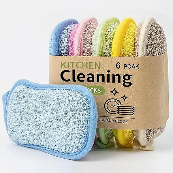 WANWLI Dish Sponge Kitchen Sponges,Scrub Sponges,Double Sided Cleaning,Non Scratch,Ultra fine Fiber Wiping+Stainless Steel Wire to Remove Stubborn Stains,Durable Thickening (Large 6-Pack)