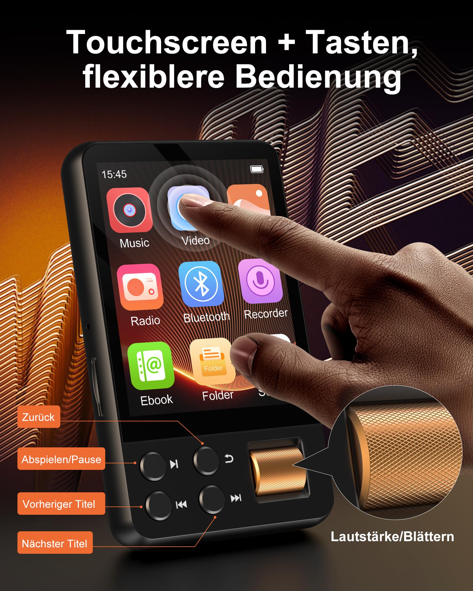128GB Lettore MP3 Bluetooth, MP3 Lettore Musicale con Cuffie, Dittafono, Suono HiFi, Schermo a Colori da 2,4 Polliciideale per Sport, Nero