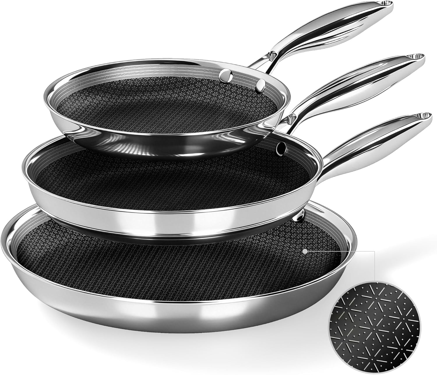 Kitchen Academy 8/10/12 Inch 3-Ply Stainless Steel Skillet Set, Induction Frying Pans, Oven Safe & Dishwasher Safe, PFOA-Free Cookware