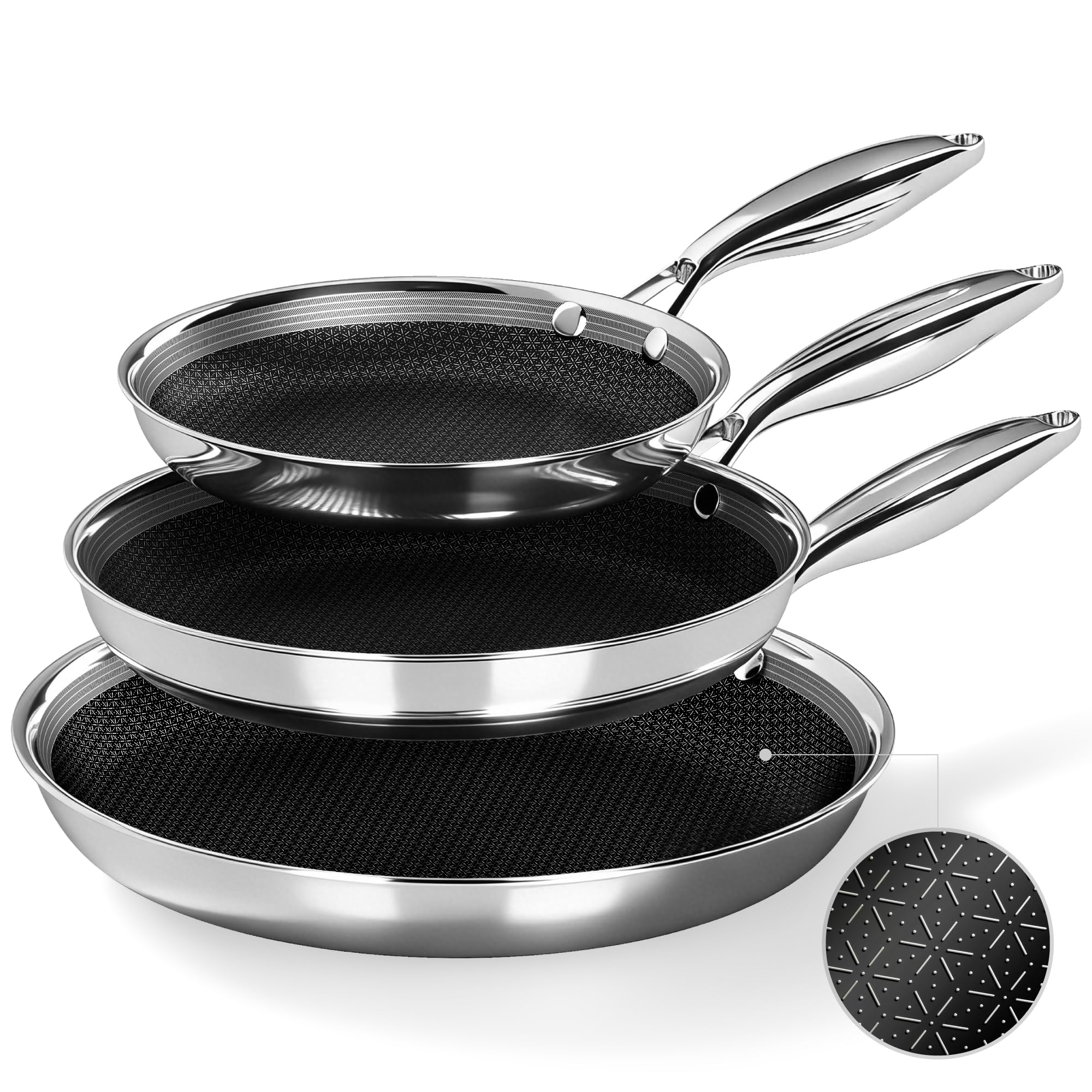 Kitchen Academy 3-Ply 18/10 Stainless Steel Frying Pans Set, Non Stick Induction Hob Pans Sets, Oven Safe Cookware Set (20cm+25cm+30cm)
