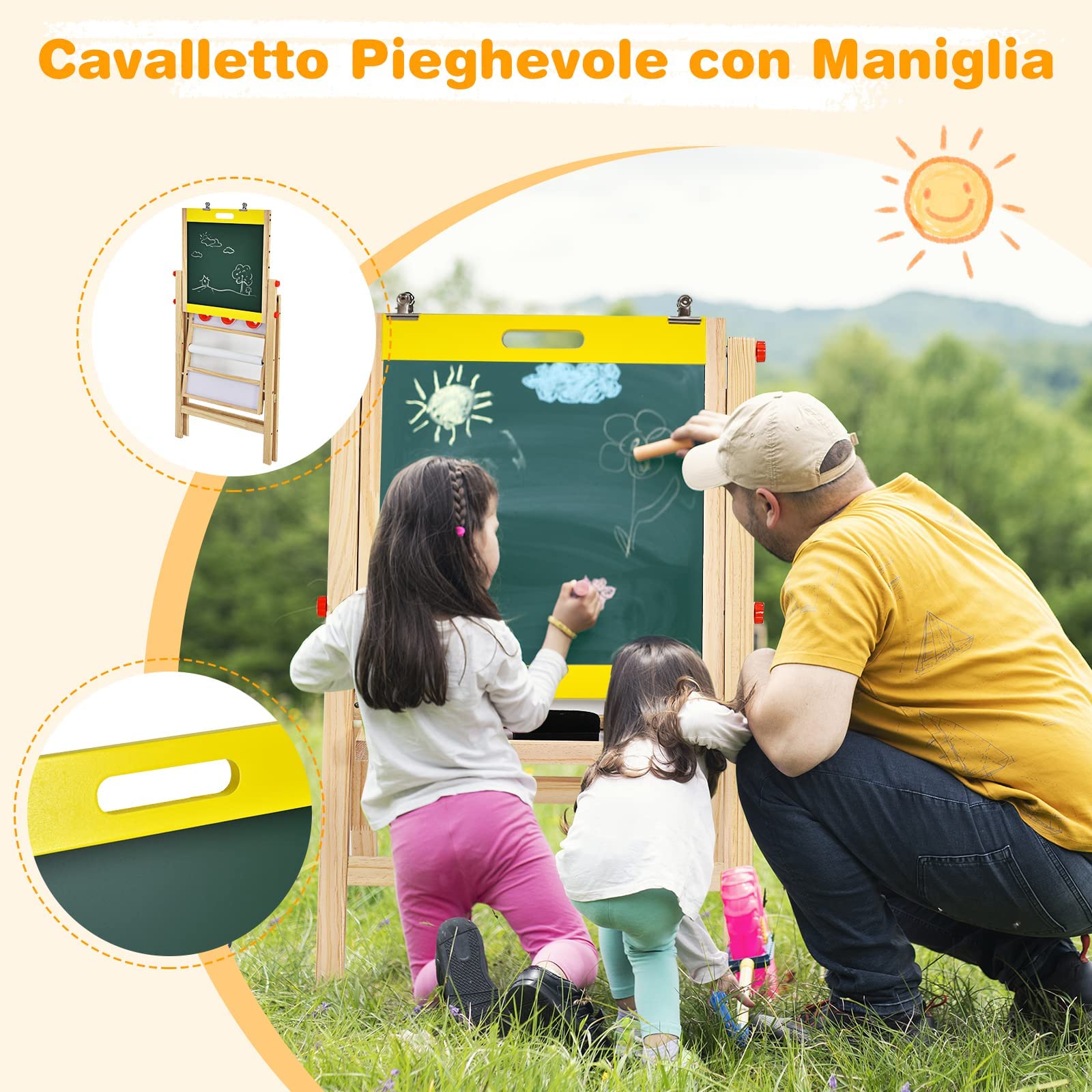RELAX4LIFE Cavalletto Pittura per Bambini, Lavagna a Doppio Lato in Legno, Altezza Regolabile in 5 Posizioni, con Gessetto, Penne/Gomma per Lavagna e Rotolo di Carta, 50,5x53,5x79-104 cm (Giallo)