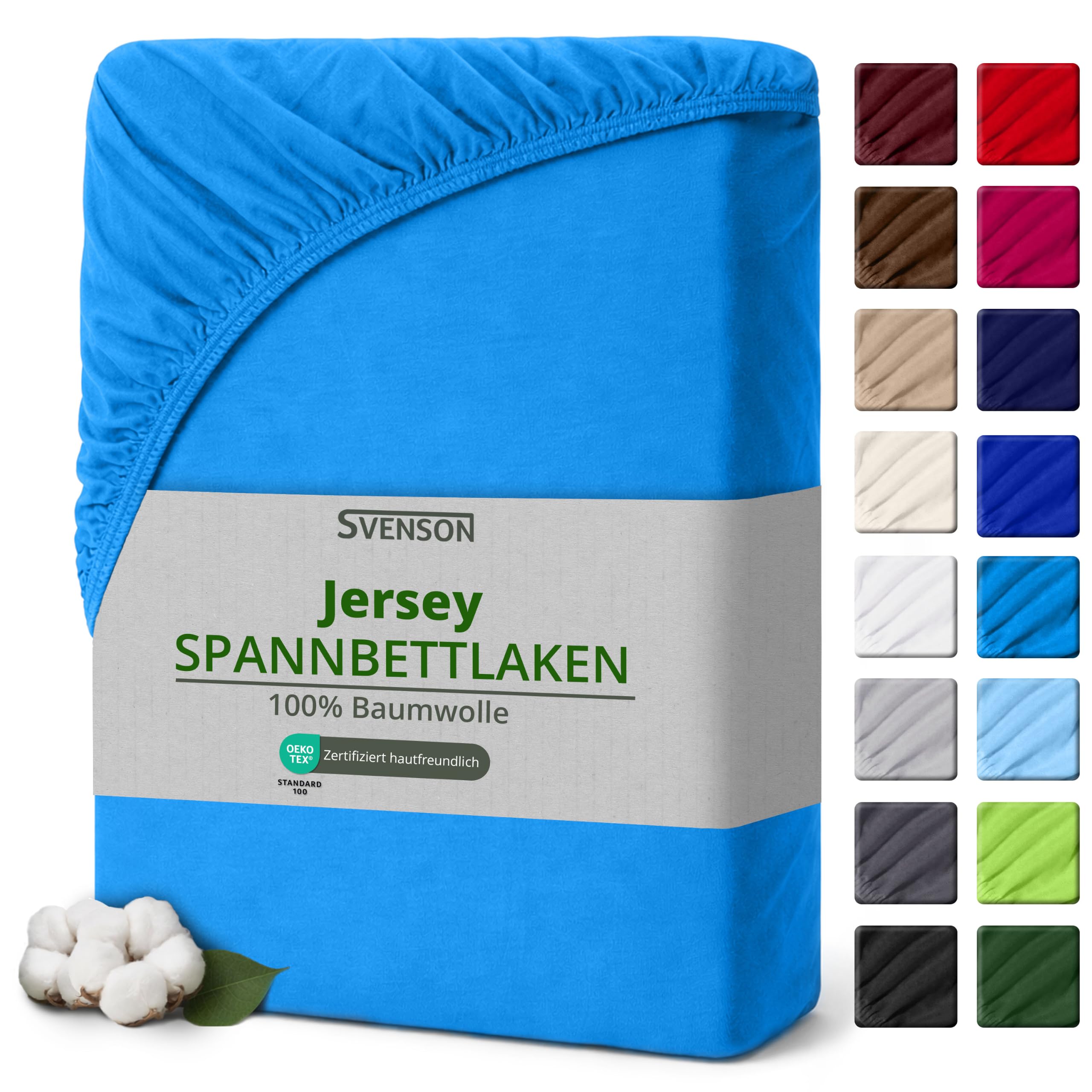 Svenson Jersey-Spannbettlaken aus Baumwolle - weich, elastisch und bequem für den täglichen Gebrauch, 140x200 cm, Türkis