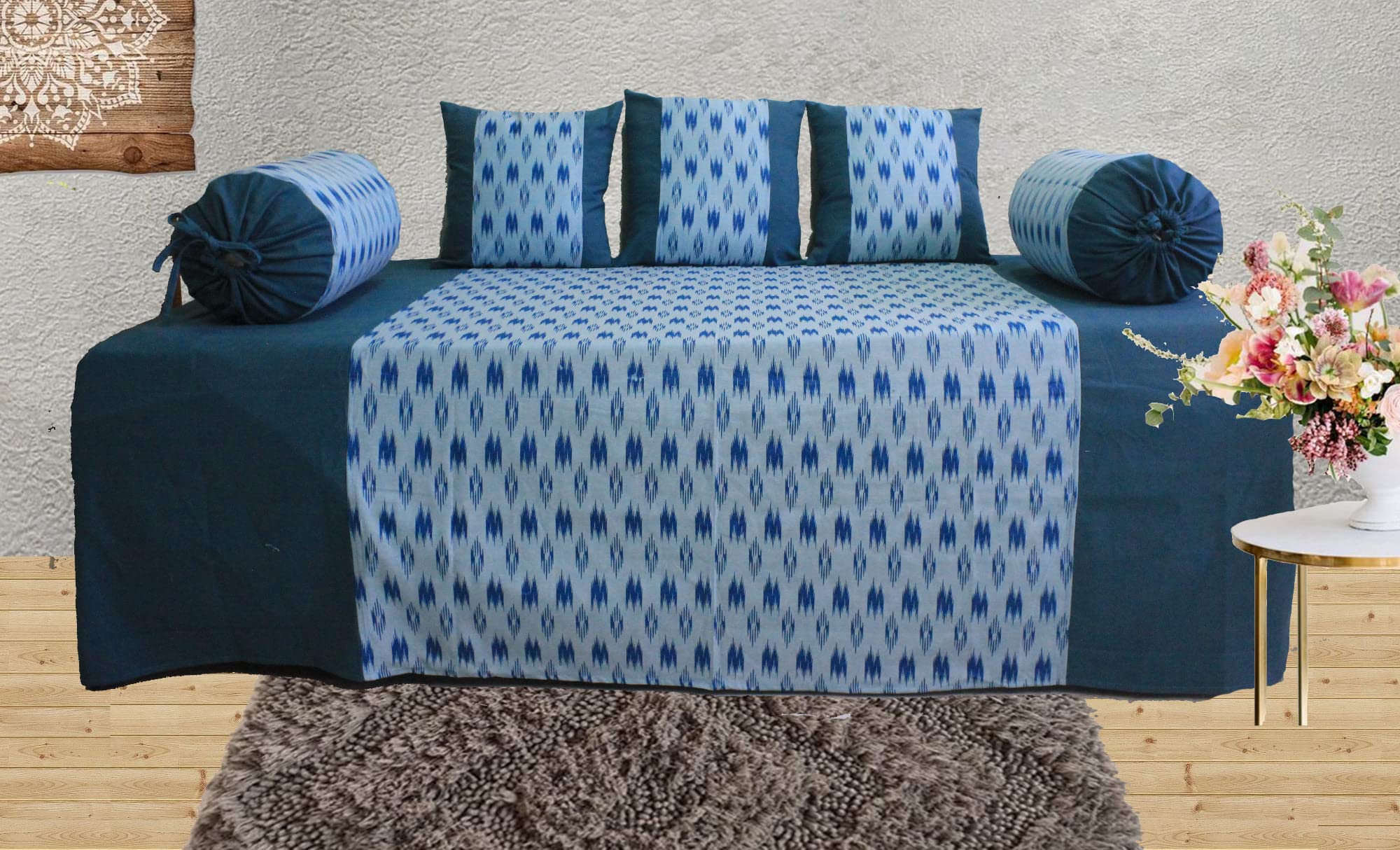 Dekor World 6 Piece Cotton Pochampaaly Weave Ikat Printed Collection Diwan Set (Blue,150x175 cm Diwan Sheet, 40x40cm Cushion Cover, 30x30 cm Bolster Cover)-for Living Room-picture-18