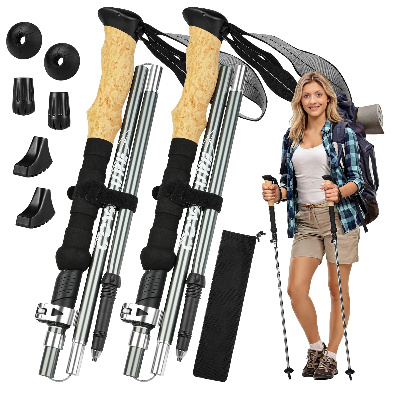 COVACURE Bastones de senderismo con puntas antigolpes, ligeros y plegables para senderos de nieve y escaladas de montaña, equipo de senderismo duradero para hombres y mujeres (110-130 cm)