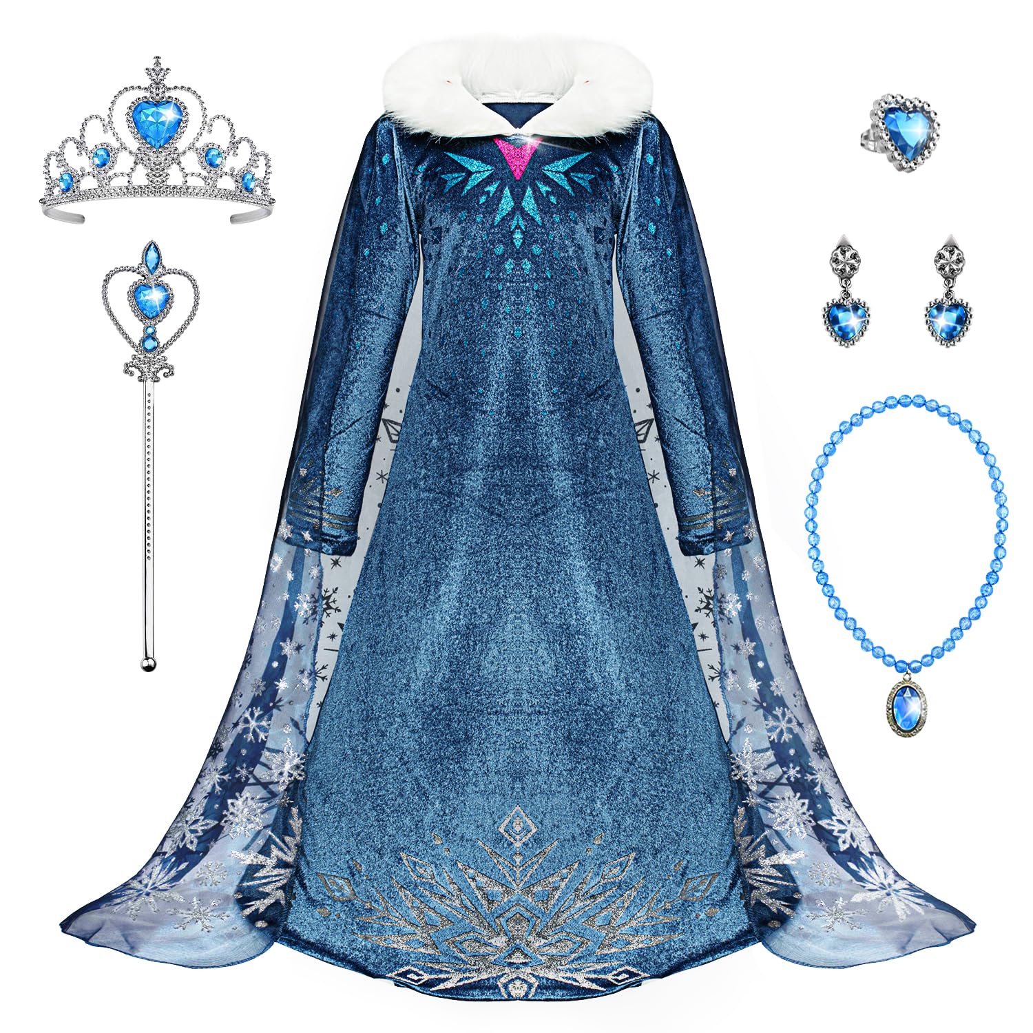 Monissy Regina Congelata Principessa Elsa Vestito Ragazza Blu Collare Bianca Velluto Manica Lunga Mantello Travestimento Chiffon Neve Stampa Compleanno Natale Carnevale