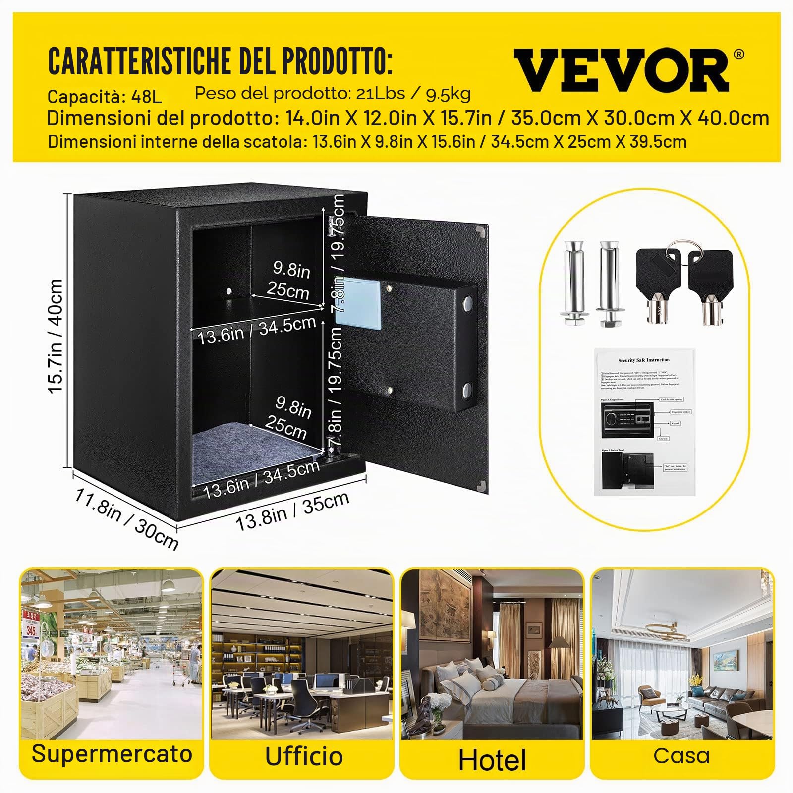 VEVOR Cassaforte con Sensore Impronte Digitali e Tastiera Digitale 35x30x40 cm, Cassetta di Sicurezza con Impronte Digitale Portata 15 kg, Cassetta di Sicurezza Portatile Adatto a Qualsiasi Ambiente