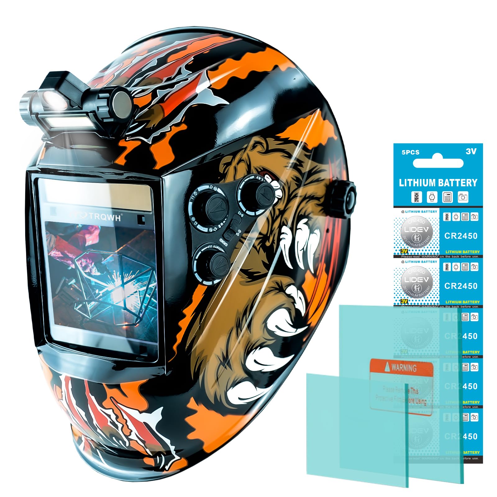 TRQWH Schweißhelm, große Sicht, 10 x 8 cm, automatische Verdunkelung, Schweißhaube mit LED-Licht, solarbetrieben, echte Farbe, 4 Lichtbogen-Sensor, Schweißmaske, breiter Schatten, 4/5-9/9-13
