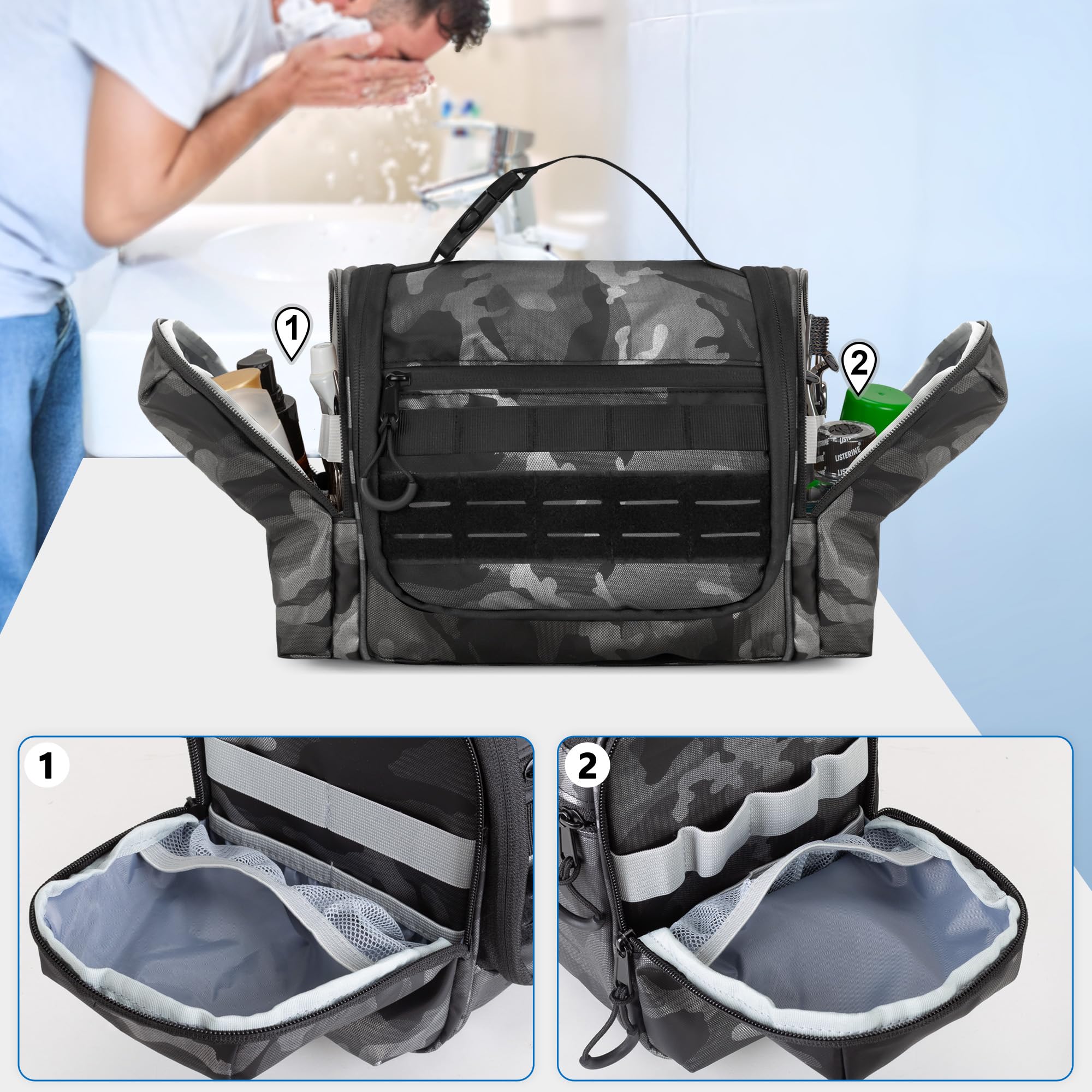 Neceser colgante para hombre, kit táctico de viaje, organizador de higiene grande, bolsa de ducha para acampar al aire libre, Camo Negro