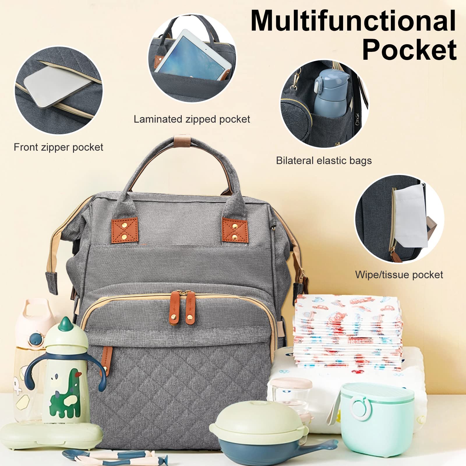 Towwoo Zaino Mamma Multifunzione, 35L Zaino Fasciatoio Neonato Portatile con Lettino Pieghevole, Grande Capacità Cambio Neonato Impermeabile per Bebè Passeggino, Porta di Ricarica USB