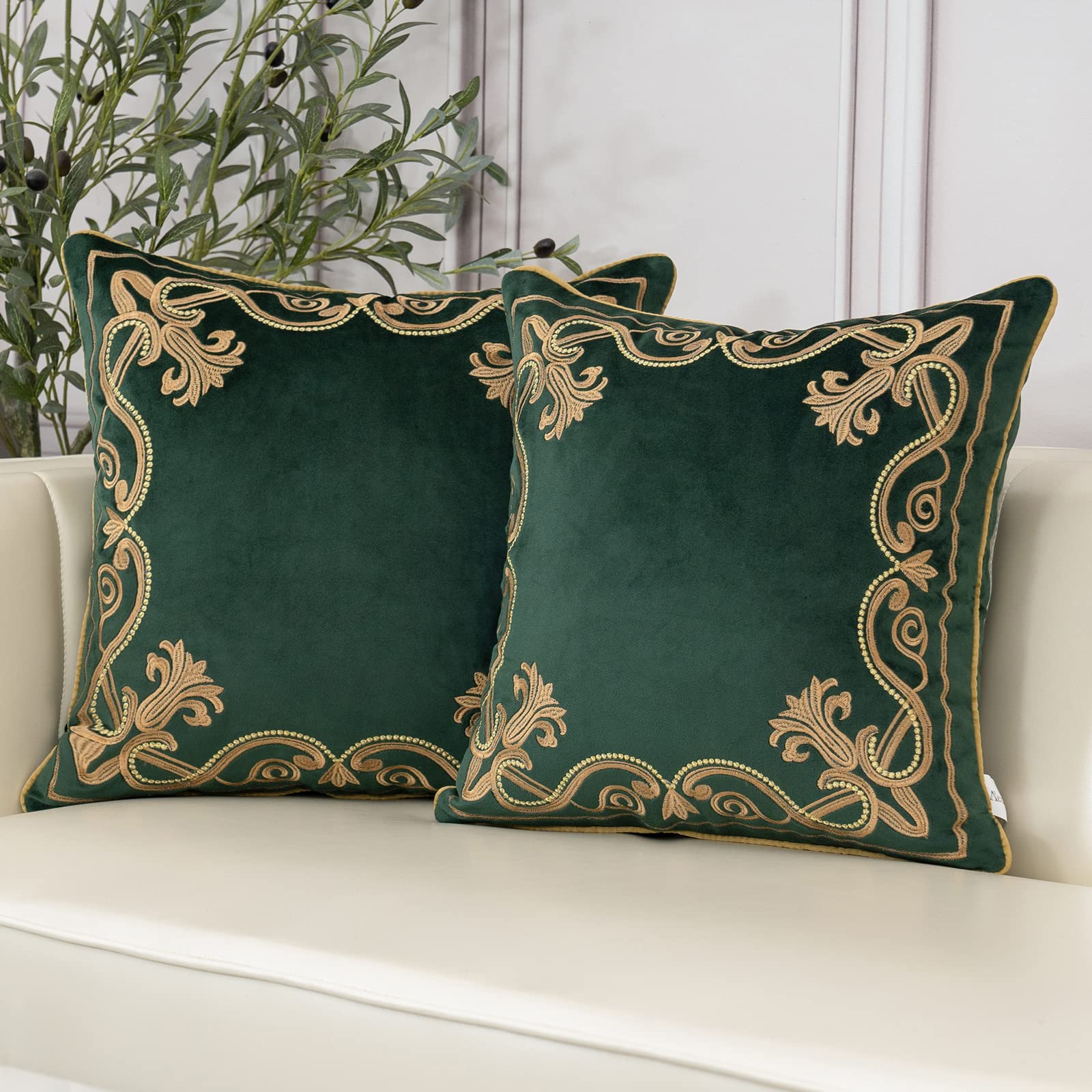 Aeckself - Funda de cojín europea de terciopelo, 45 x 45 cm, funda bordada floral para decoración del hogar, sofá, dormitorio, sala de estar, verde esmeralda oscuro y dorado