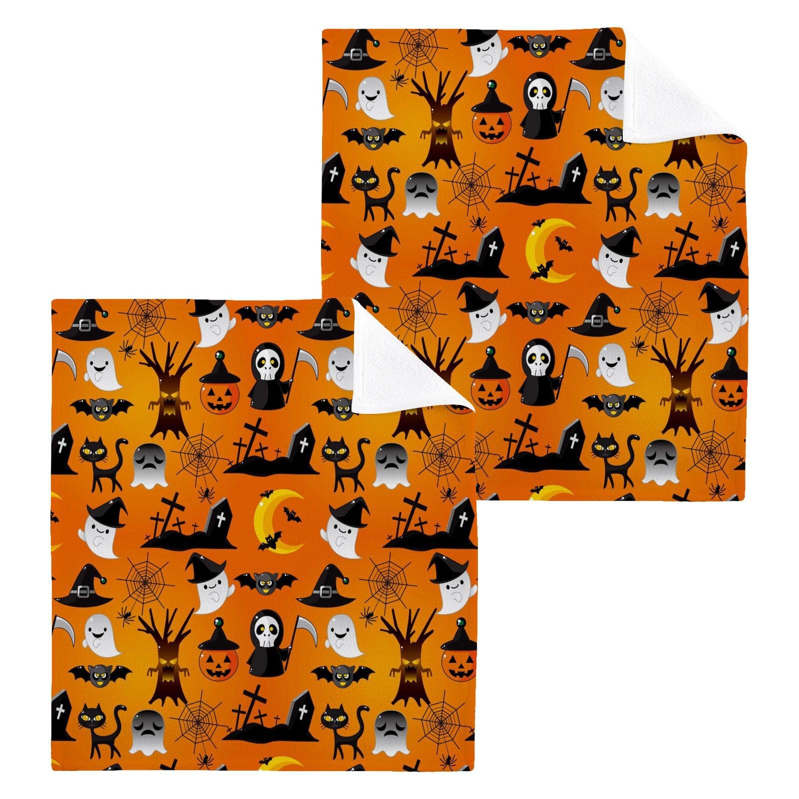 ALAZA Cartoon Halloween Seamless Pattern Towels Cotton Washcloths Set,Soft Absorbent Quick Dry Face Cloths,Multi-Purpose Fingertip Towels for Bathroom,Hotel,Travel,12'' x 12'' (2 Pack)