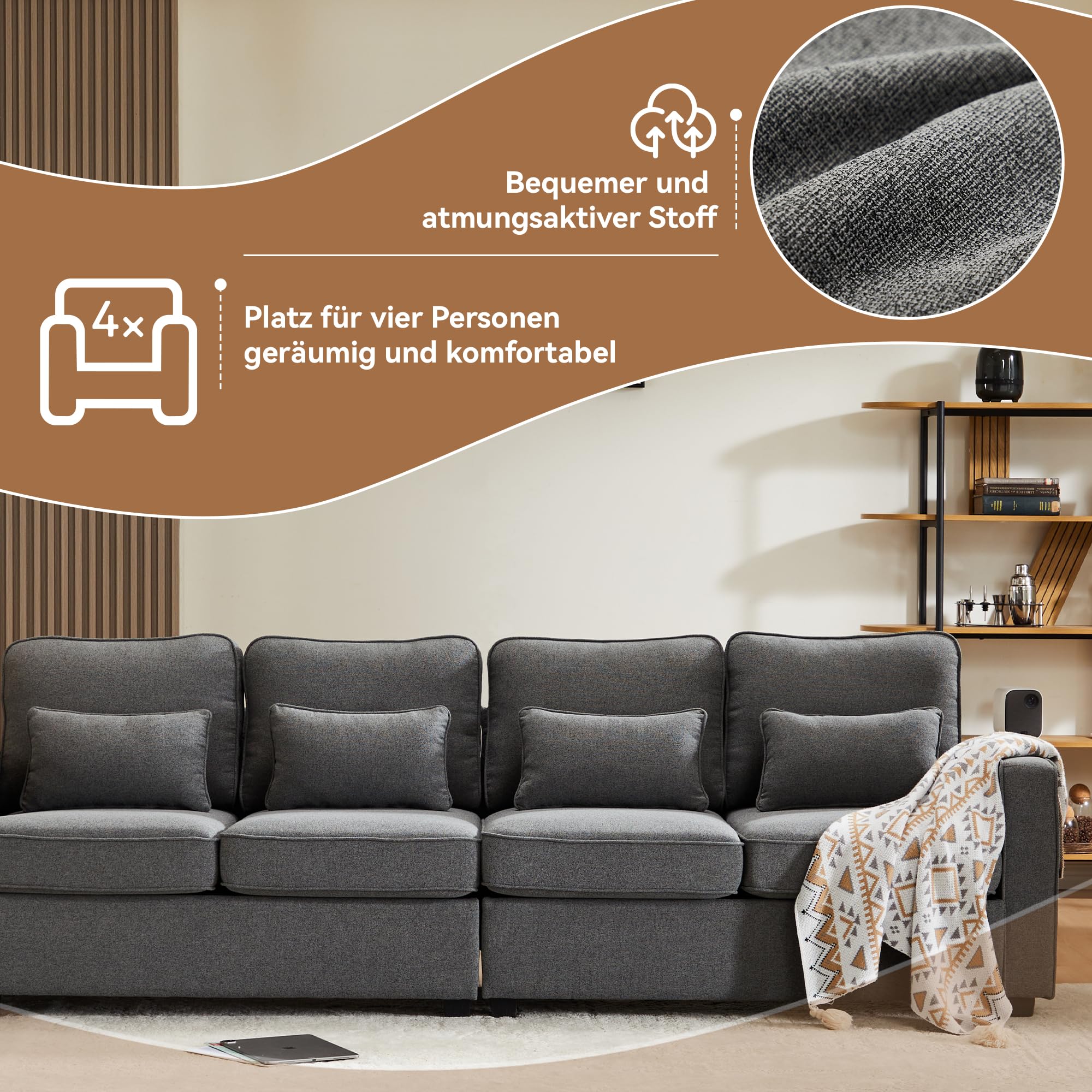 Sapgaks Canapé Moderne 4 Places en Tissu Lin avec Poches d'accoudoir et 4 Coussins, Style Simple adapté au Salon, Appartement, Bureau, Gris foncé