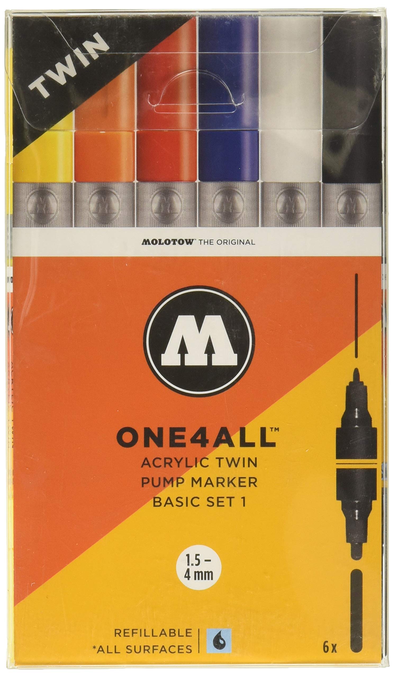 Molotow One4All Acrylic Twin Marker Basic-Set 1 (Strichstärke 1,5 mm und 4,0 mm, hochdeckend und permanent, UV-beständig, für fast alle Untergründe) 6 Stück sortiert