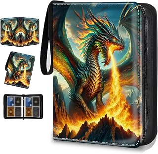 Trading Card Binder, 400 Card Holder, 4 Pocket, PU Leather Binder | PU leather cover, holds 400 cards, 50 removable pages, zipper closure, portable storage and protection.