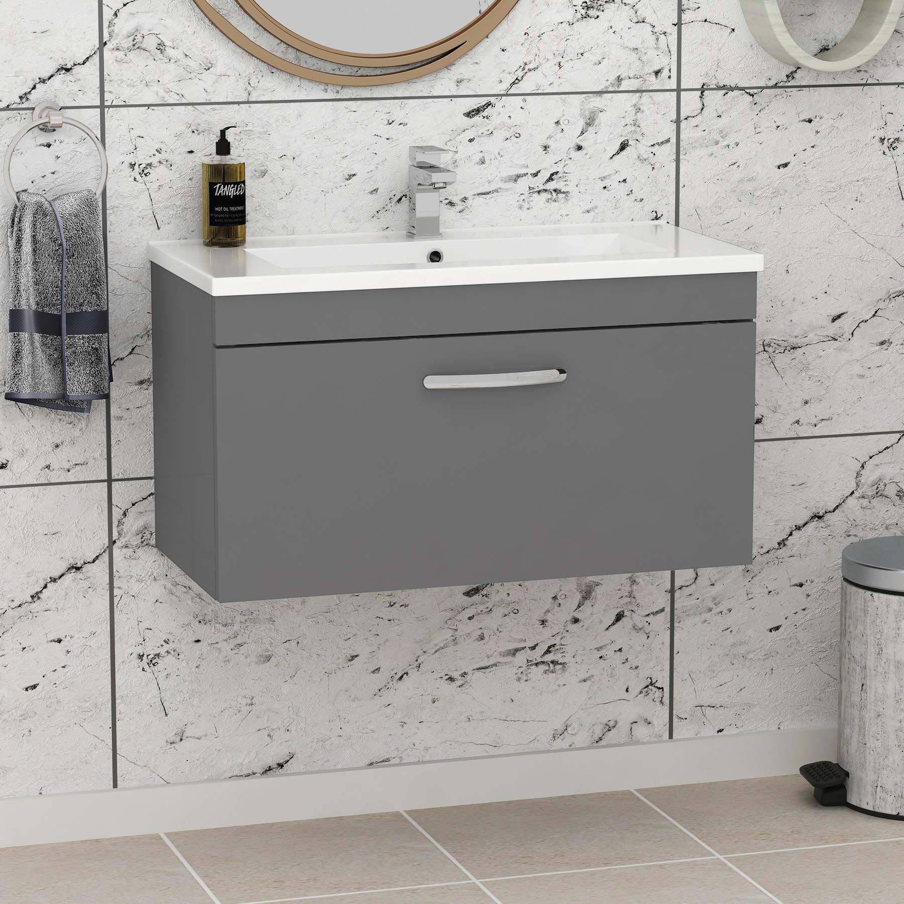 Royal Bathrooms 800mm Wall Hung Bathroom Vanity Unit Minimalist Basin 1 Drawer Storage Cabinet Furniture - Indigo Grey Gloss โ image 1
