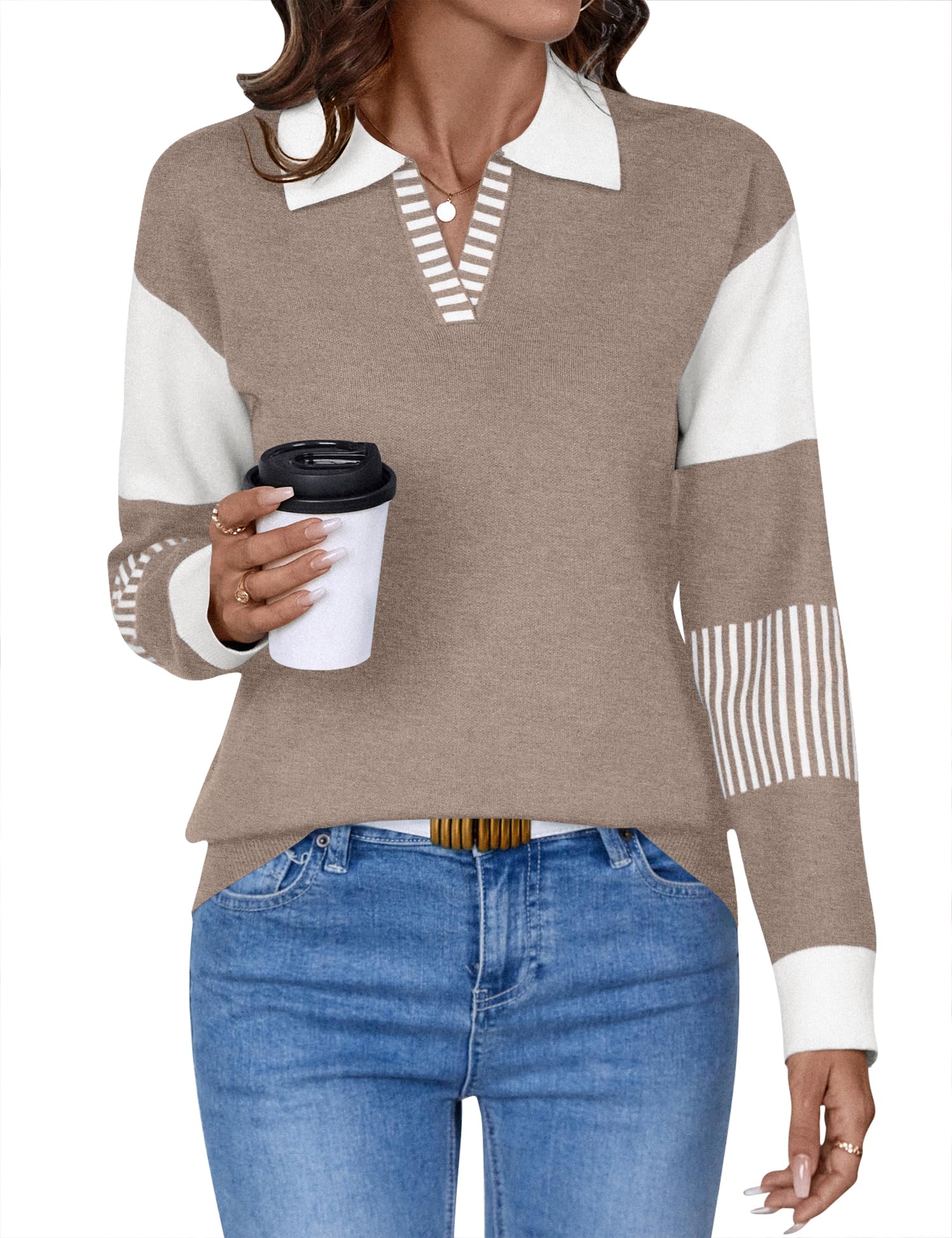 V Neck Long Sleeve Loose Sweaters Color Block Striped Knitted Pullover Jumper Tops