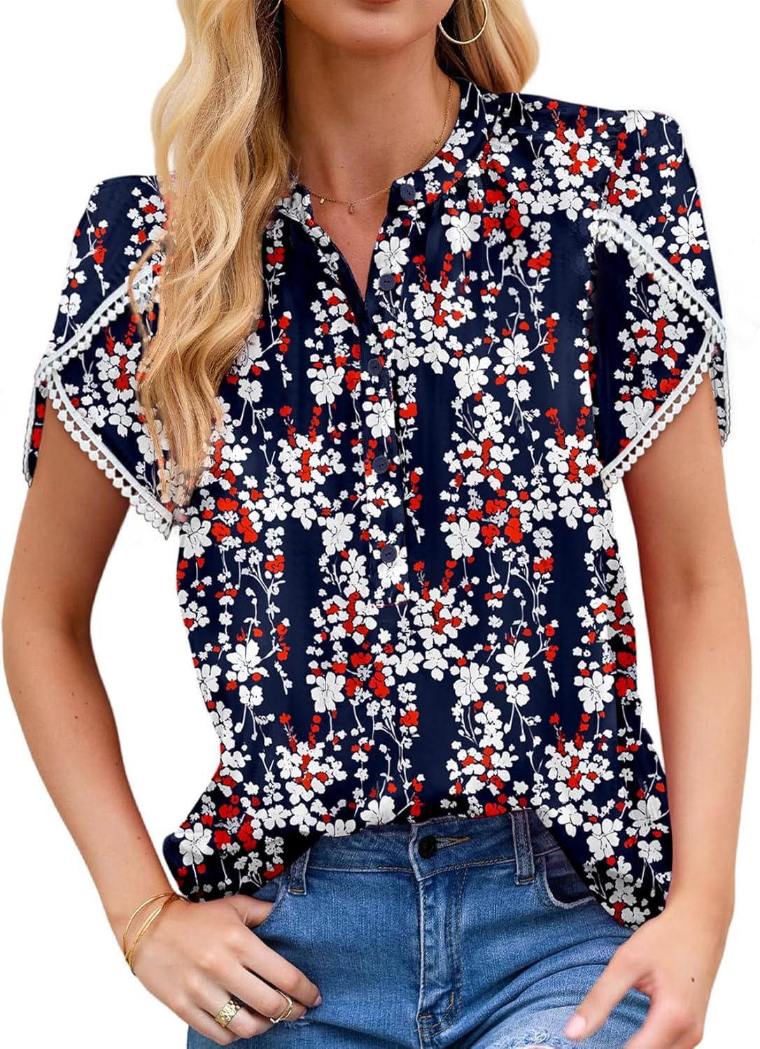 Dokotoo Womens Summer Tops for Women 2024 Trendy Boho Floral Ptint Short Sleeve Button Front V Neck Henley Tshirts Elegant Dressy Business Casual Outfits Loose Chiffon Bohemian Blouses Blue XX-Large - Image 4