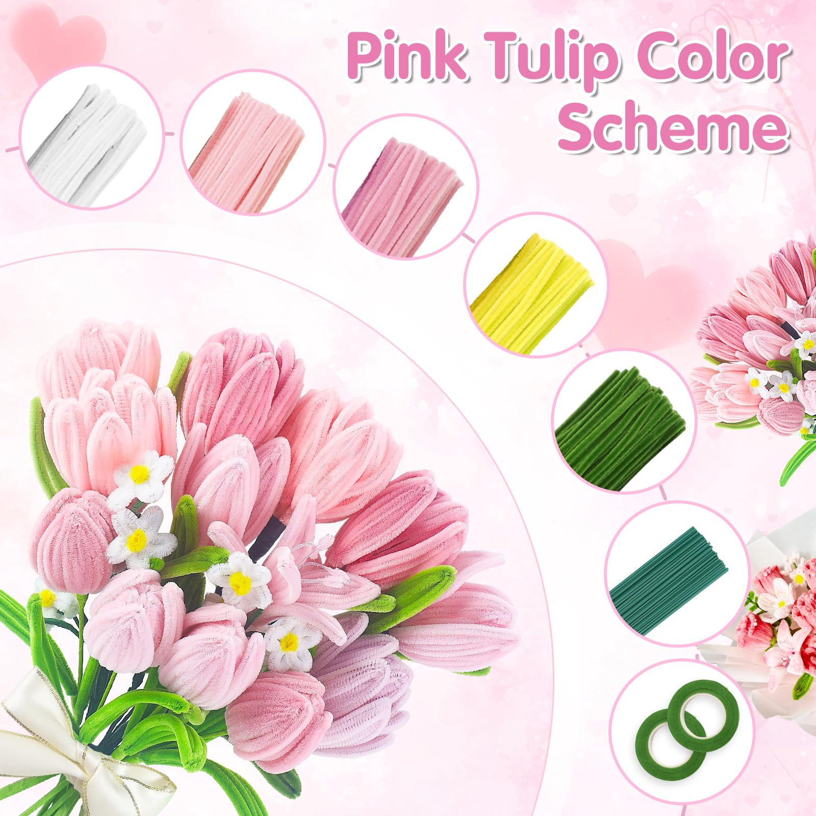 18 Couleur Fil Chenille 1000 Pièces Cure Pipe Chenille Loisir Creatif | Pipe Cleaners Tulipes avec Ruban de Fleuriste et Tige Fleur pour Fournitures de Bouquet de Fleurs et de Décoration DIY