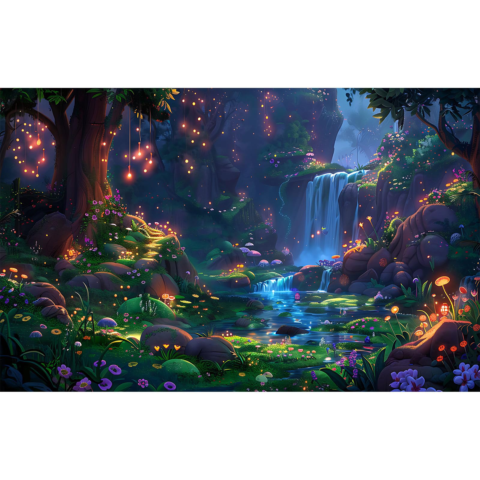 Waterfall Jungle Aquarium Background Fantasy Magic Forest Landscape Rainforest Style Terrarium Backdrop Tropical Flowers Mushrooms Stream Fish Tank Background Wallpaper Poster Decors Vinyl 36x18in