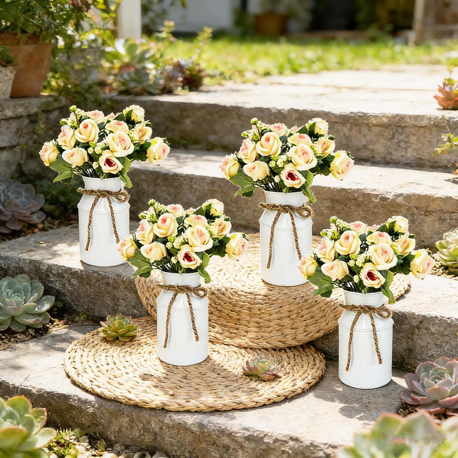 Farmhouse Artificial Rose Flowers with Metal Vase, Set of 6 Fake Rose Arrangements for Table, Faux Bouquets Wedding Centerpiece Decorations, Home Office Flower Decor (White Vase & Champaign Roses)