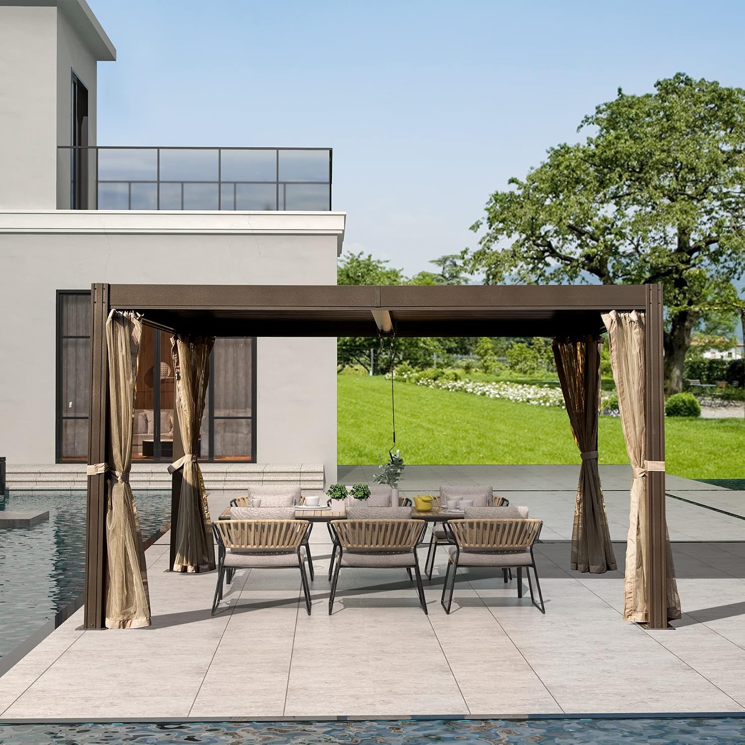 Domi Outdoor Living 10’ x 13’ Louvered Pergola with Adjustable Rainproof Roof, Outdoor Aluminum Frame Hardtop Gazebo for Backyard, Garden and Lawn w/Netting (Dark Brown)