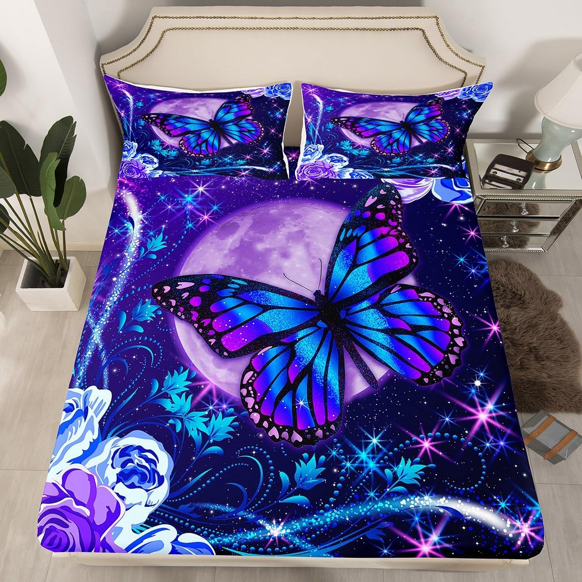 Galaxy Fitted Sheet Full Size,Purple Blue Dreamy 3D Butterfly Bedding Set,Glitter Starry Moon Bed Sheets 3 Pieces (No Flat Sheet),Watercolor Flowers Leaves Deep Pocket Sheet,2 Pillowcases