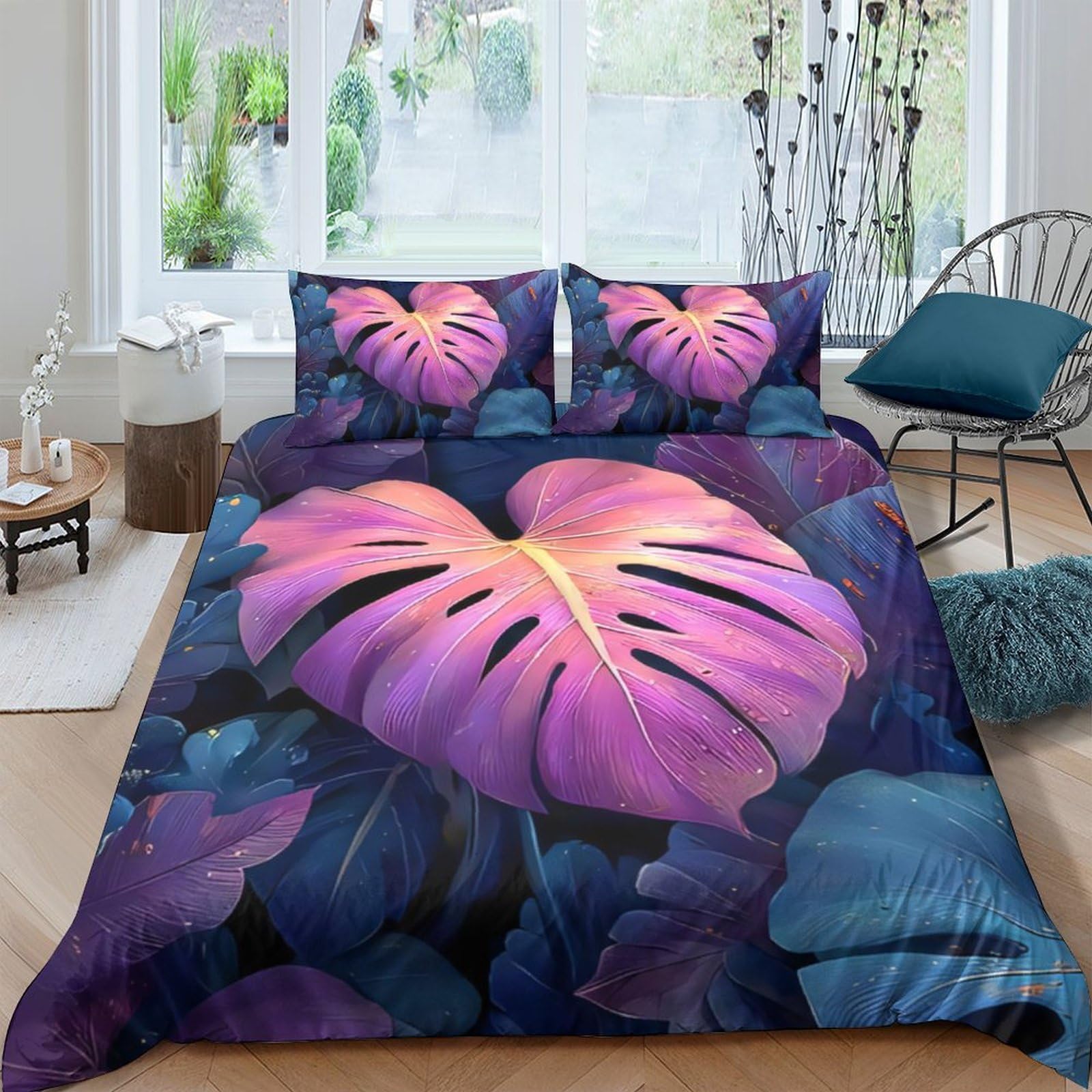 3D Printed Tropical Leaf Duvet Cover, Microfiber Bedding Cover Hidden