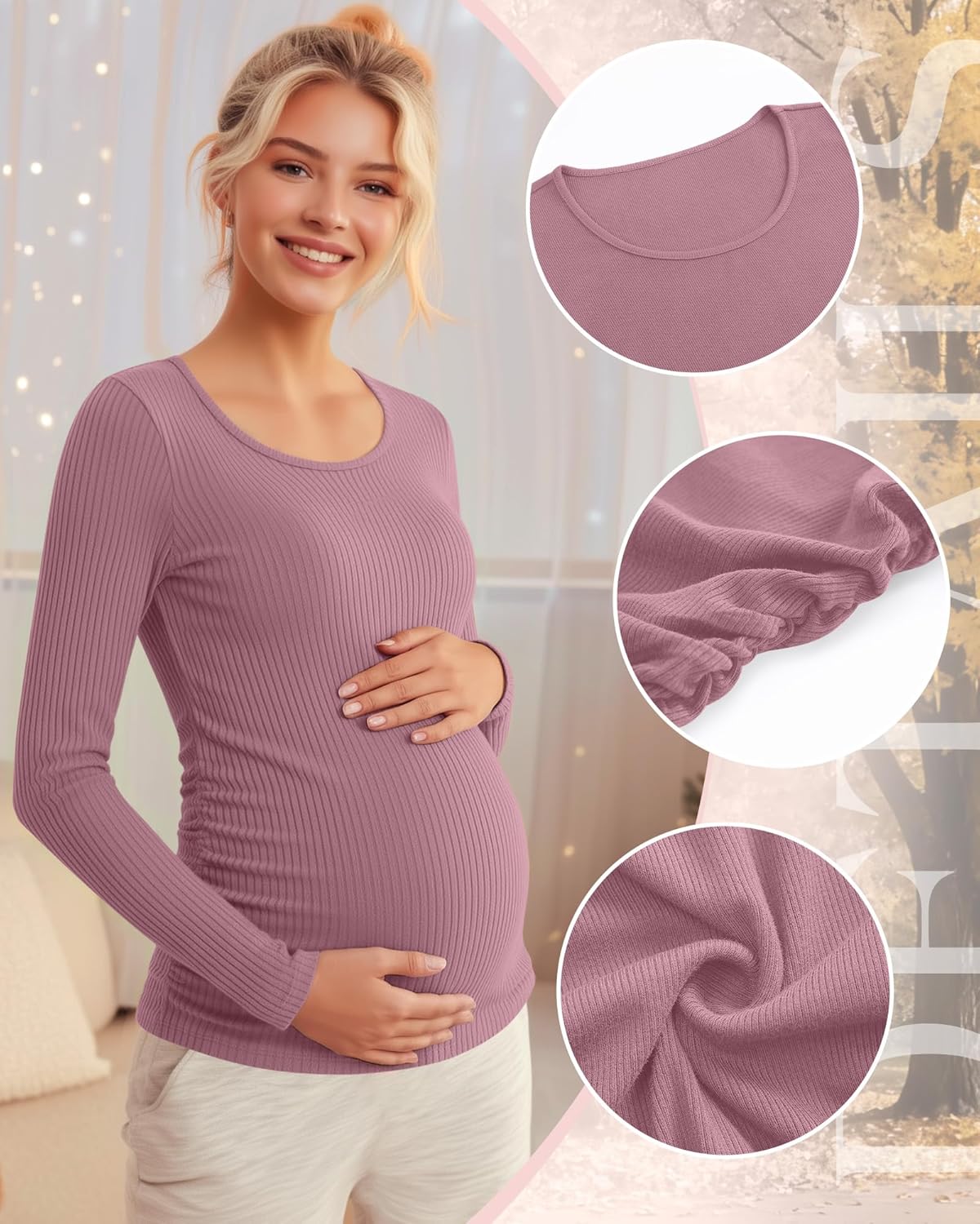 Riyiper 4 Pack Women's Maternity Shirts, Long Sleeve Cotton Ribbed Pregnancy Tee Top Crewneck Side Ruched Casual Mama Clothes - Image 5