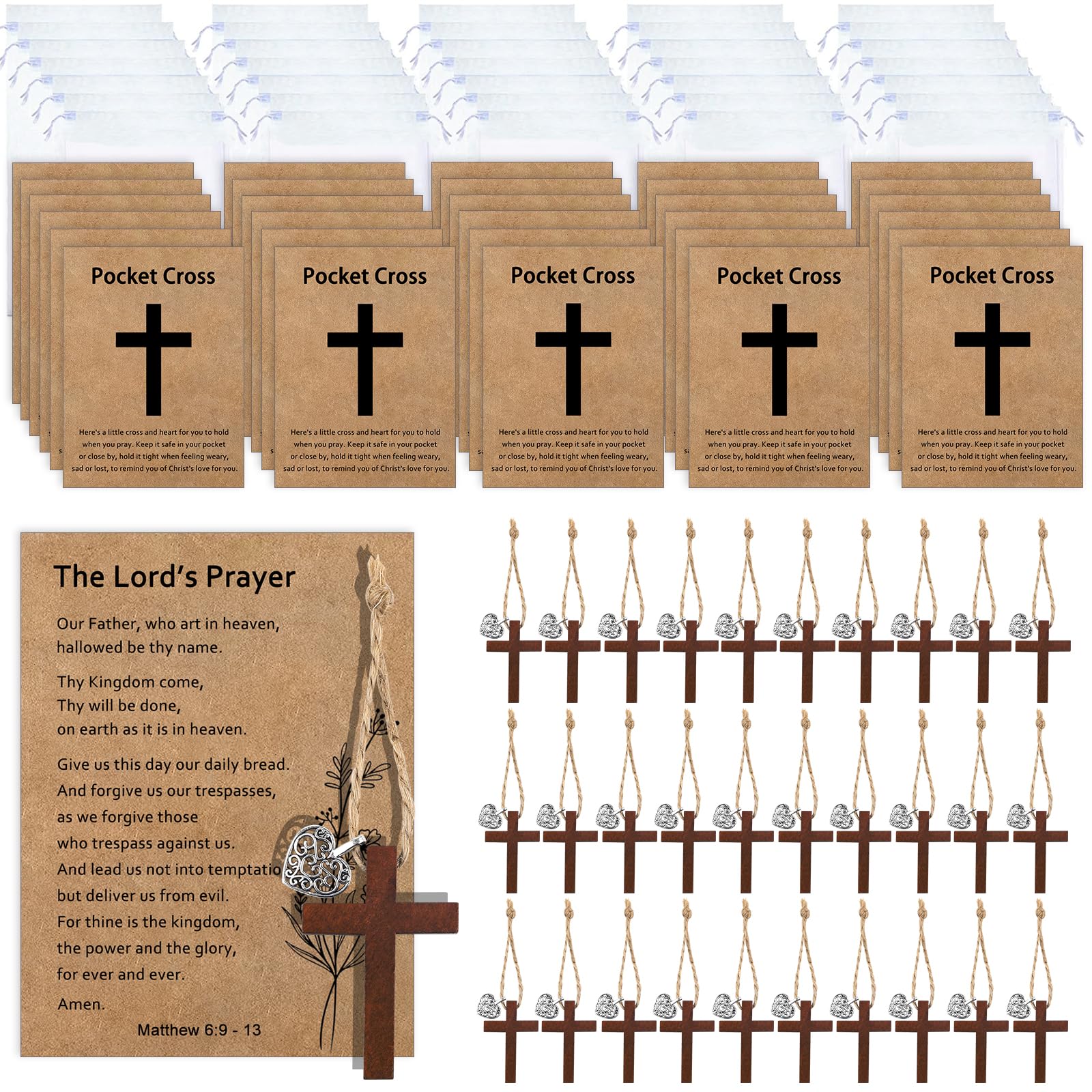 30 Wooden Pocket Crosses with Prayer Cards - Bulk Christian Gifts | Small Faith Based Pocket Hug Token for Baptism Party Favors & Church Events, Inspirational Religious Gifts for Women Men