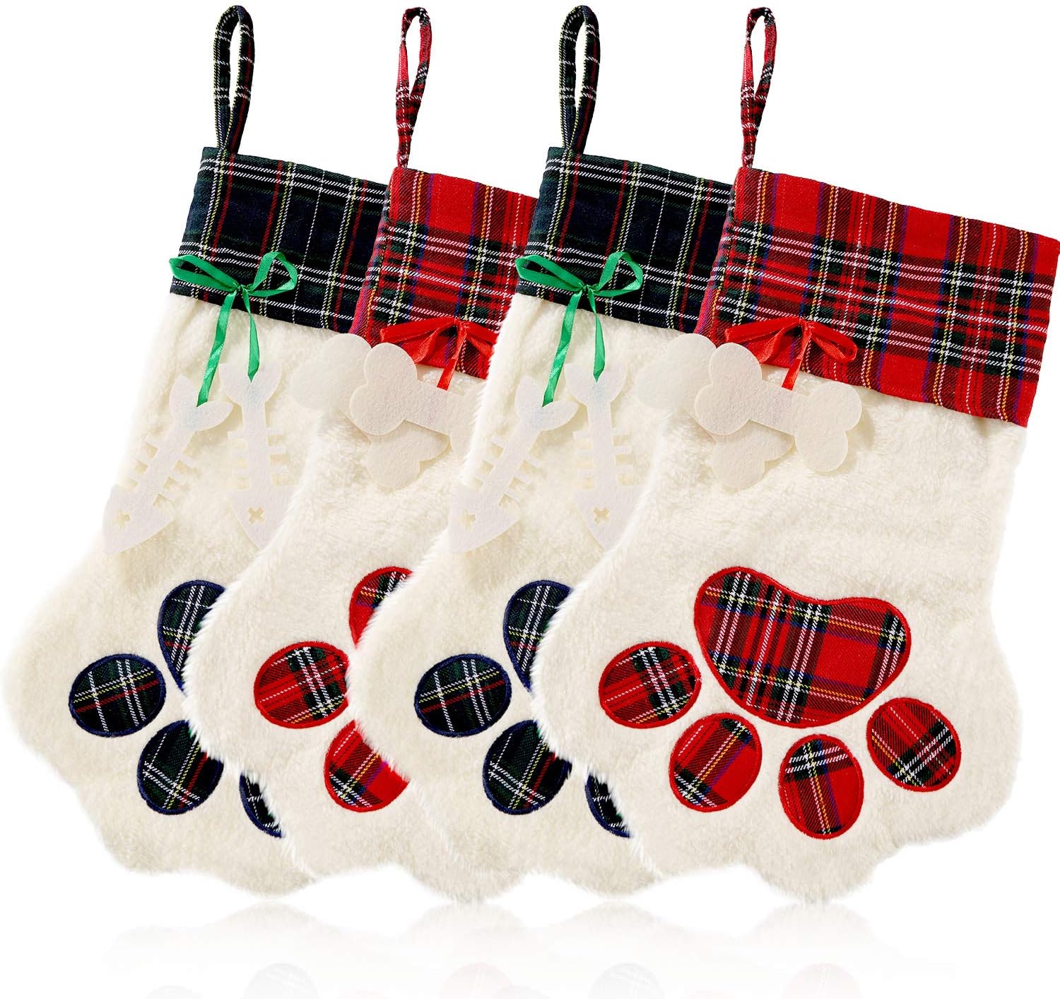 Jetec 4 Pieces Buffalo Plaid Pet Stockings for Cats and Dogs Christmas Stockings Pet Paw Pattern Stockings Fireplace Hanging Stockings Christmas Decorations