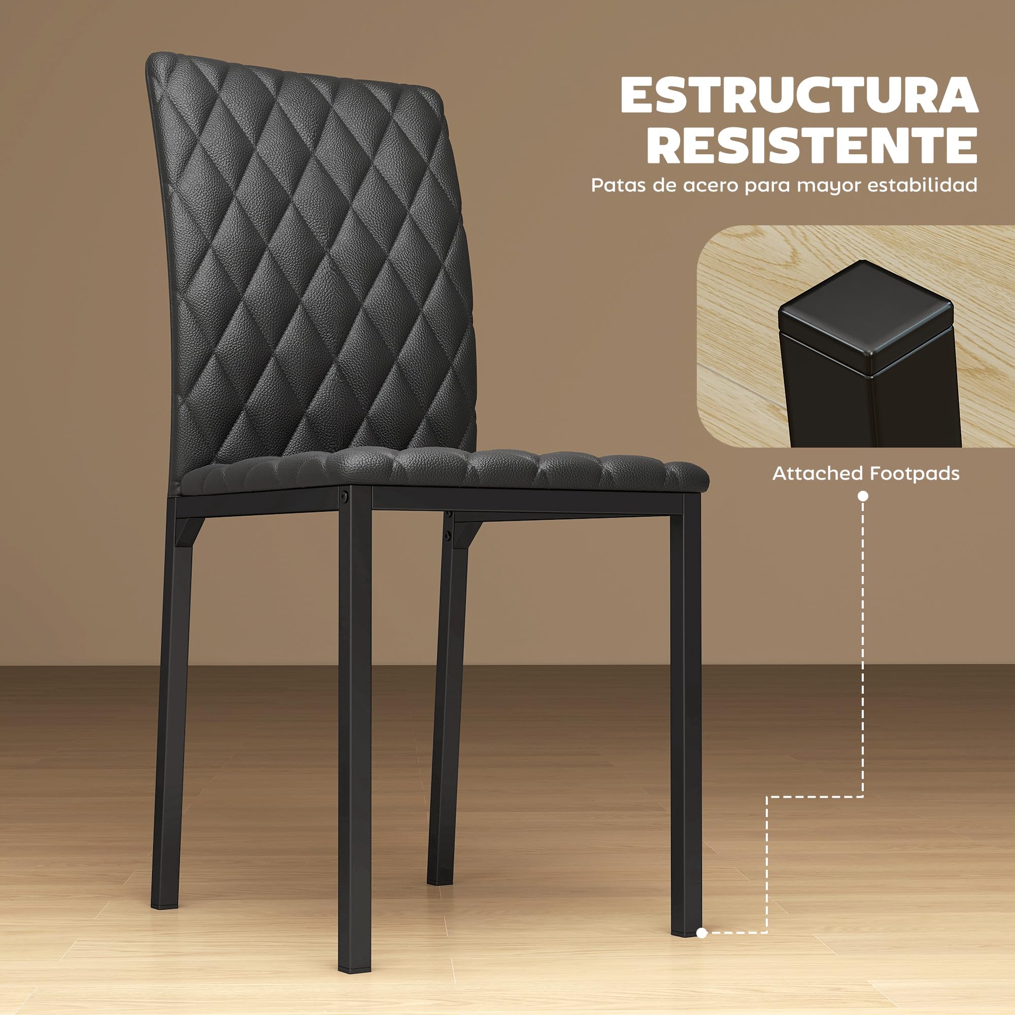 HOMCOM Pack de 4 Sillas de Comedor Modernas Respaldo Alto Negro | Sillas de Cocinas Modernas, Costuras Decorativas de Diamantes, Tapizadas en Cuero Sintético, Patas de Acero, Carga 120 kg