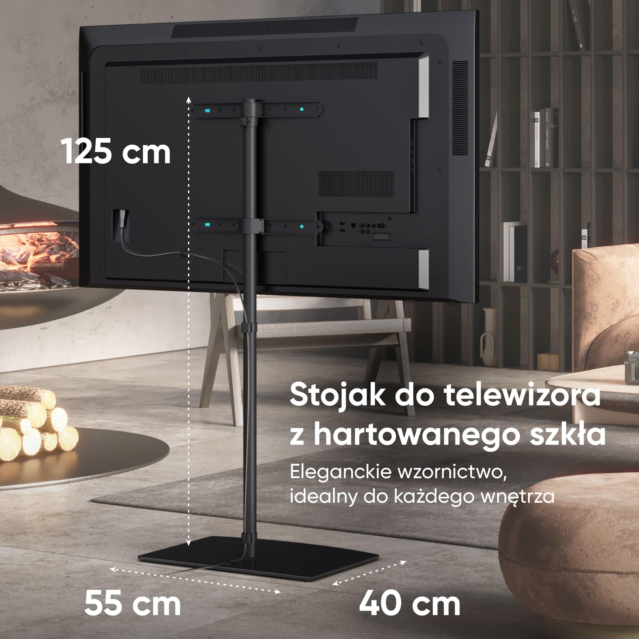 ONKRON Stojak podłogowy do telewizora od 30" do 60" do 41 kg - Stojak TV z regulacją wysokości i obrotowy - Uniwersalny stojak pod telewizor VESA - Stojak TV ze szkła w kolorze czarnym TS5065-B