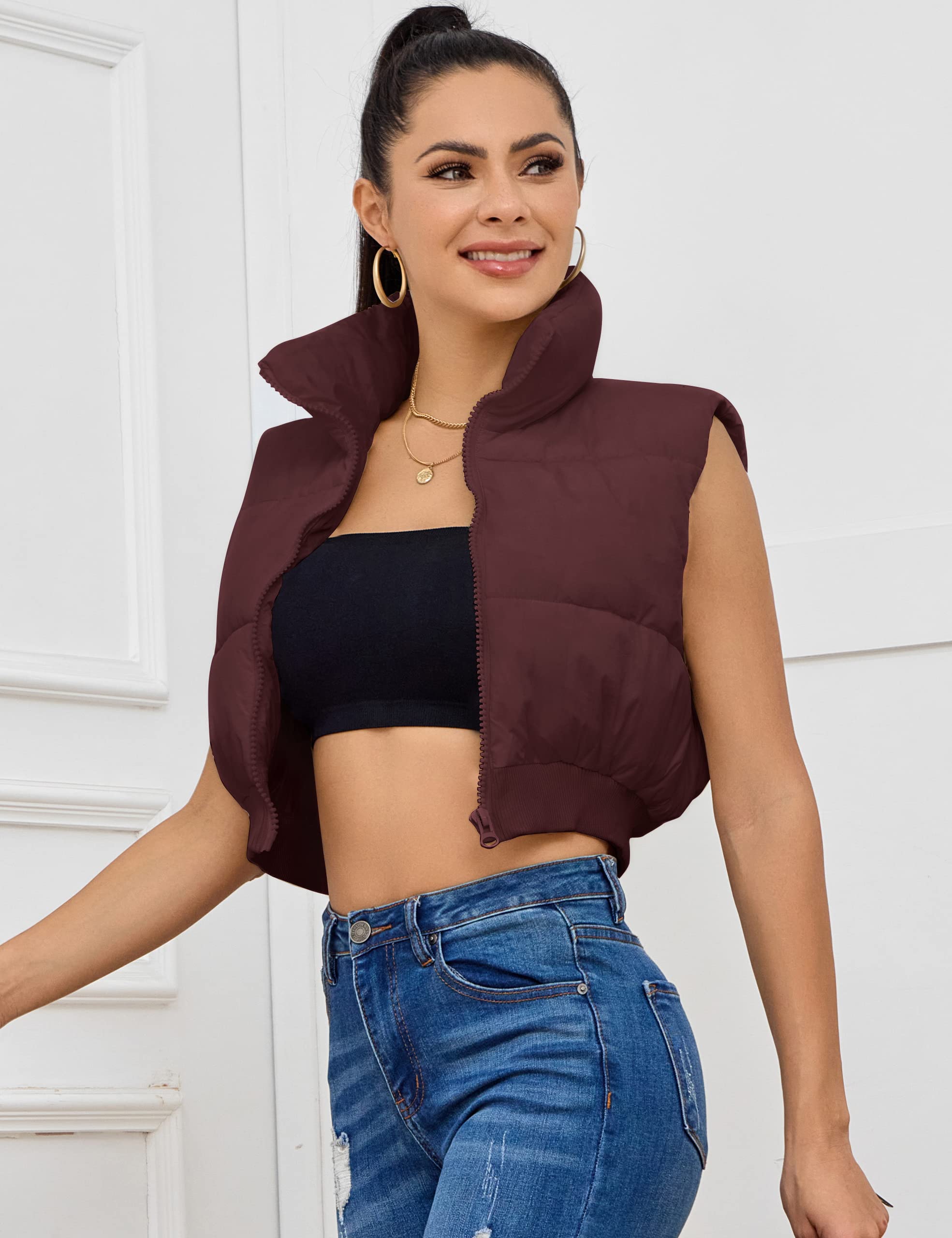 Kissonic Women's Padded Down Vest Puffer Stand Collar Zip Up Crop Sleeveless Jacket