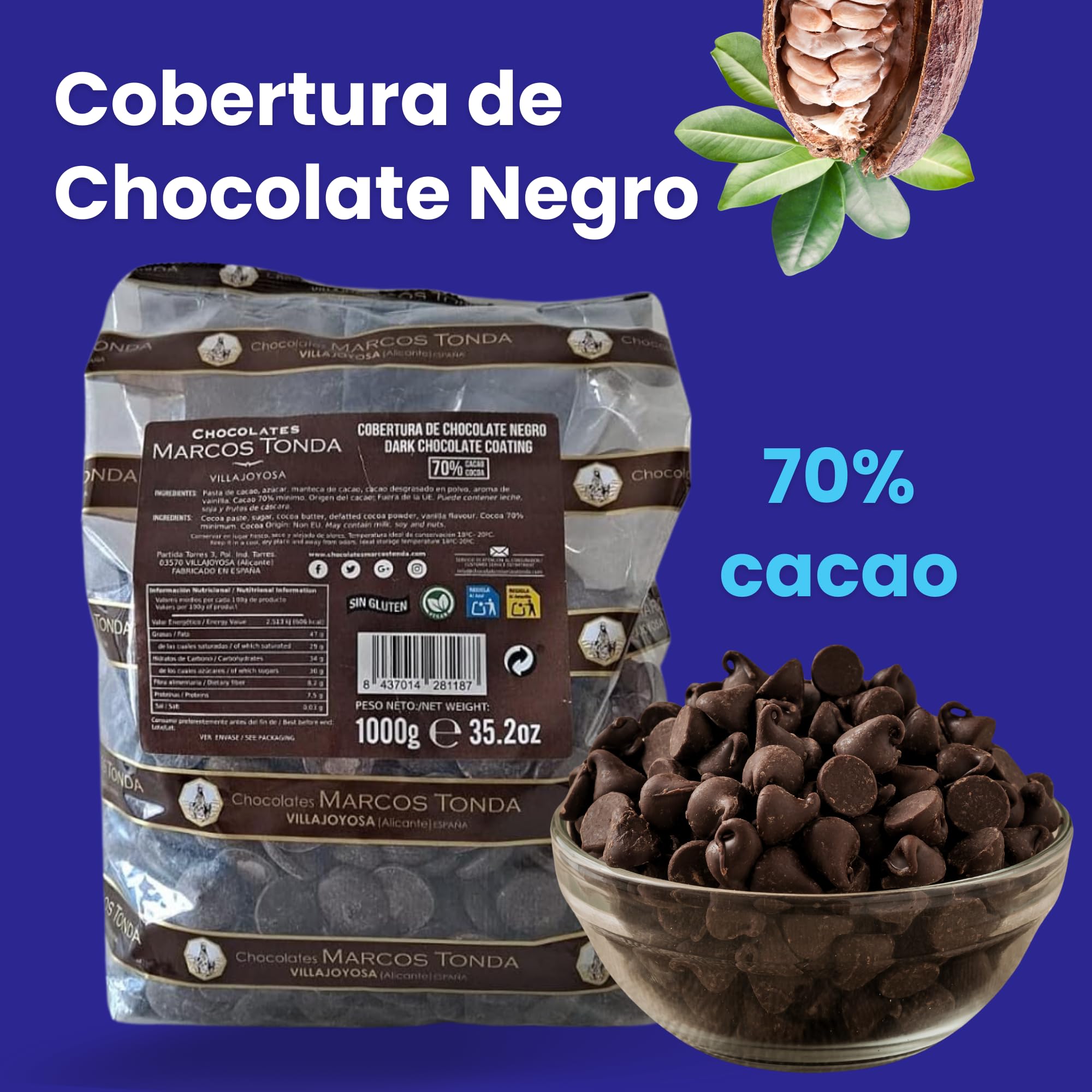 Marcos Tonda Pepitas De Chocolate Negro 70% 1000g Chocolate Chips Originales