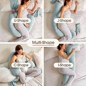 bbhugme Adjustable Pregnancy Pillow & Cotton Jersey Cover - Full Body Support for Pregnant Women - Eucalyptus