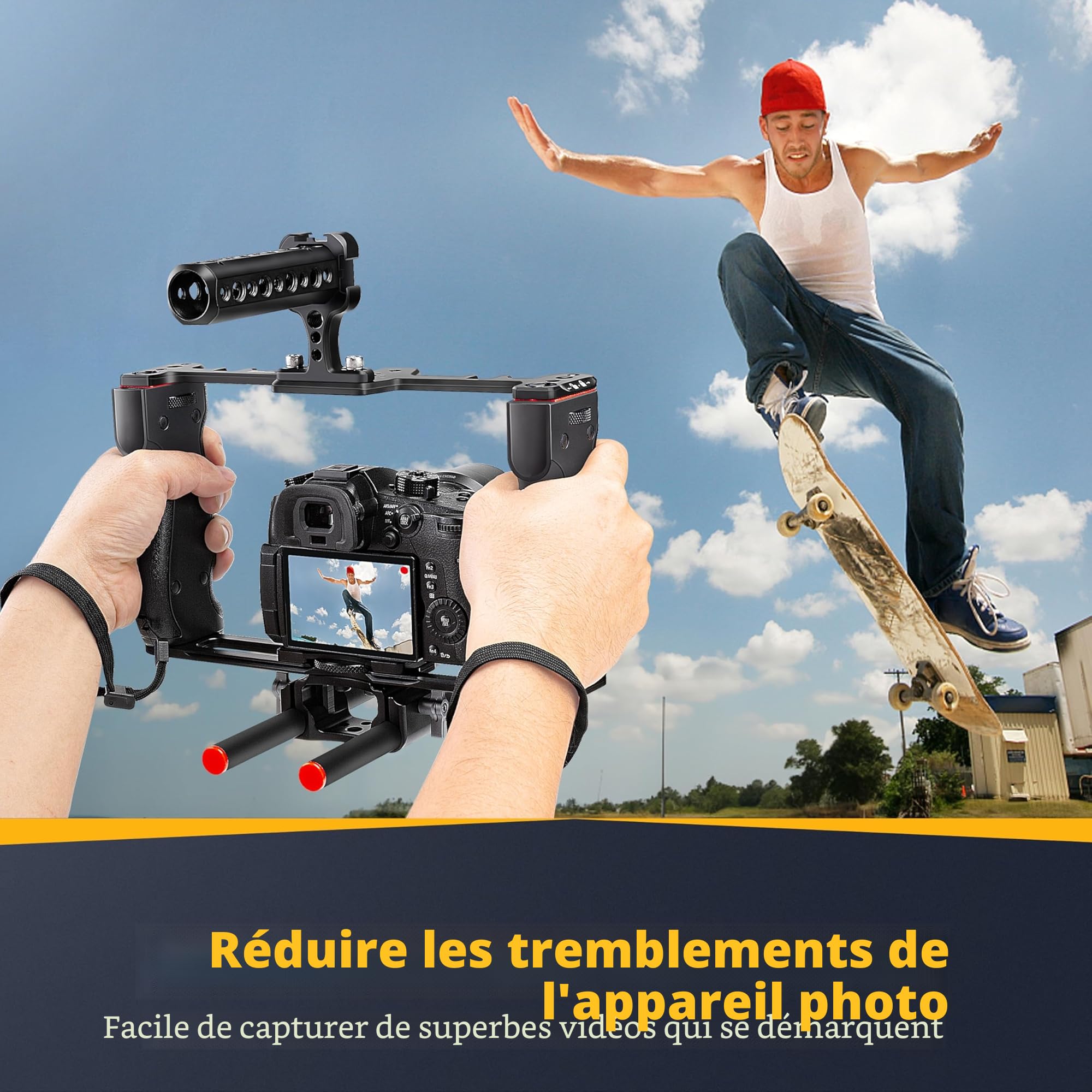 Zeadio Cage de rig vidéo pour Appareil Photo, kit de réalisation de Films avec poignée supérieure et Base de Type Arca & Guide de Tige, Compatible avec Tous Les caméscopes Reflex numériques