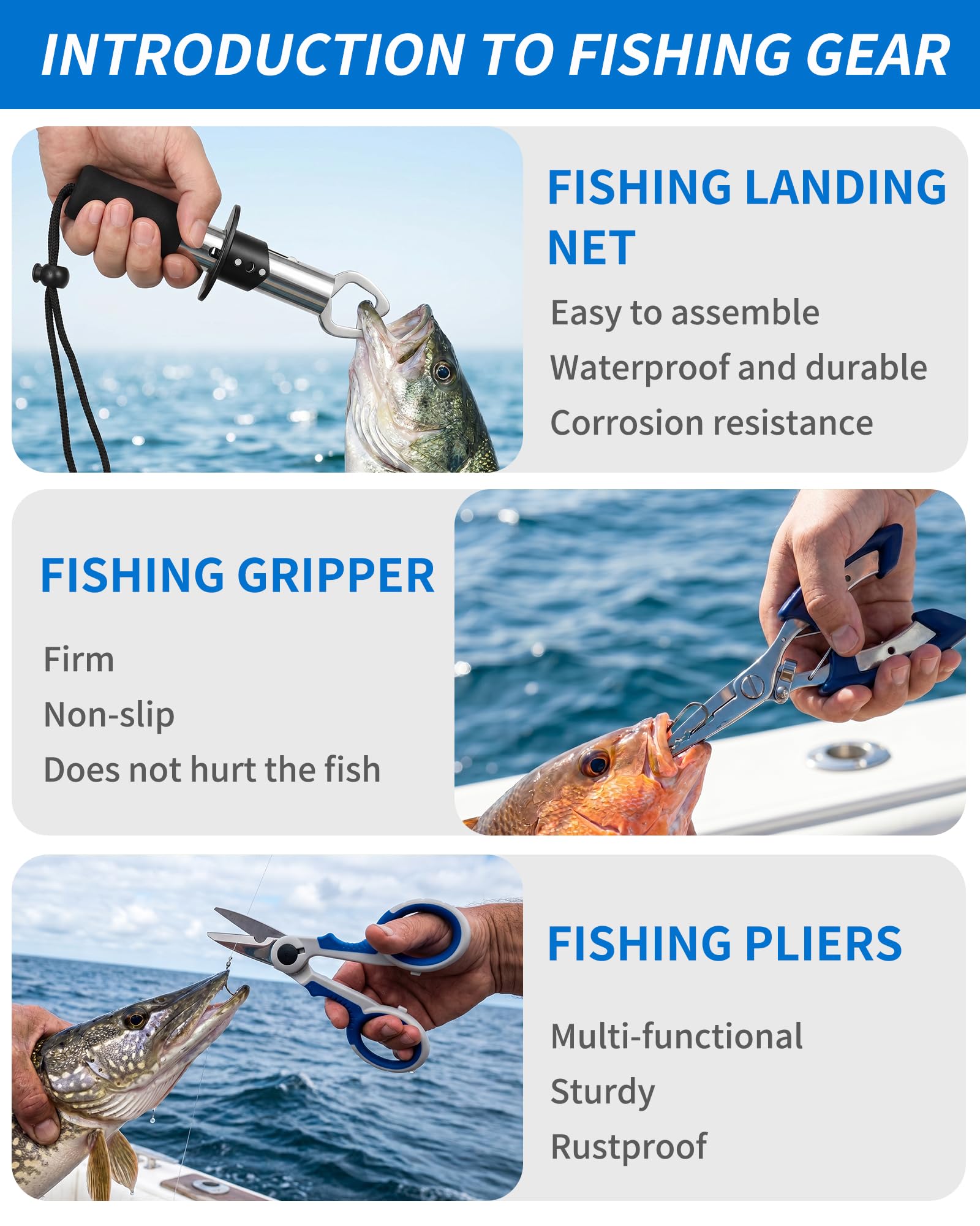 Angelwerkzeug-Set – Angelzangen-Set, 112-teiliges Angelzubehör und Ausrüstung, mit Fischhakenentferner, Angelwaage, Angelschere, Fischlippengreifer, Angelköder