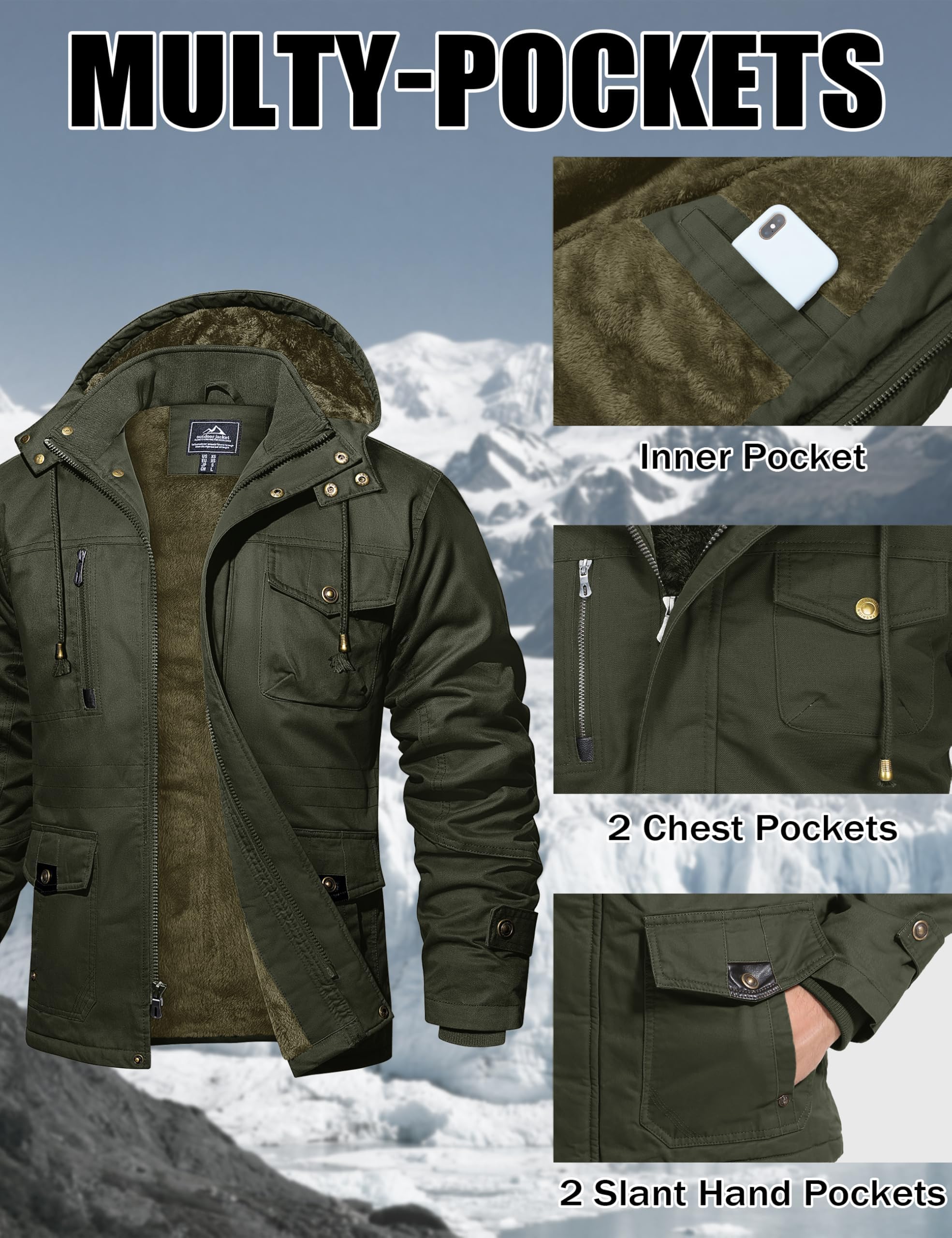 MAGCOMSEN Męska kurtka z ciepłą podszewką, cargo, parka zimowa, kurtka wojskowa, kurtka outdoorowa z odpinanym kapturem, kurtka przejściowa, bawełniana bluza z kapturem