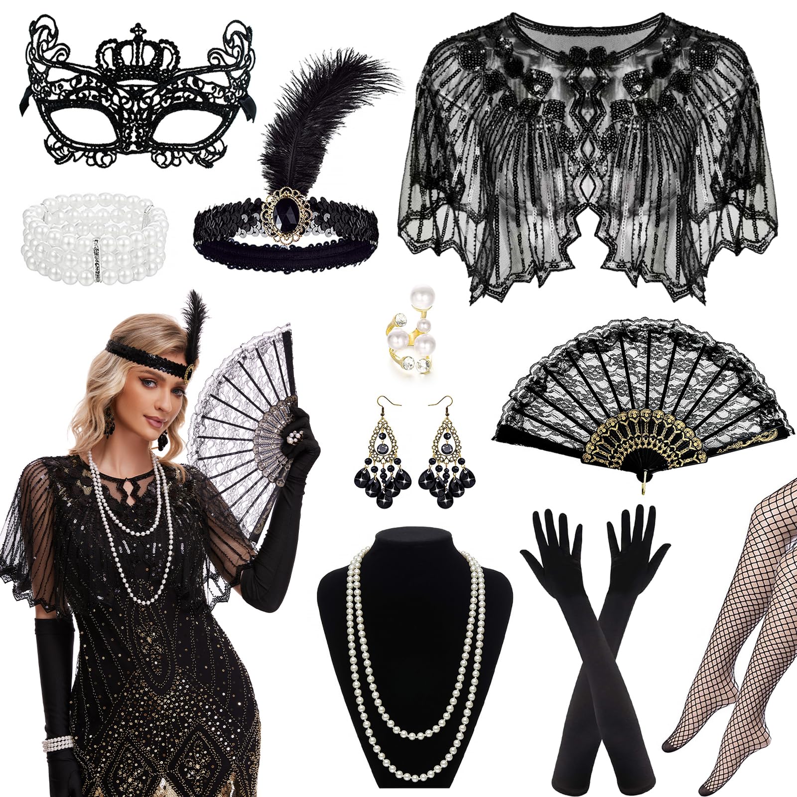 Sekepingo 1920s Accessories for Women Great Gatsby Flapper Shawl with Sequins 8 Pieces Accessories Set Peaky Blinders Costume with Headband Gloves Necklace Earrings Lace Fan for Party Black