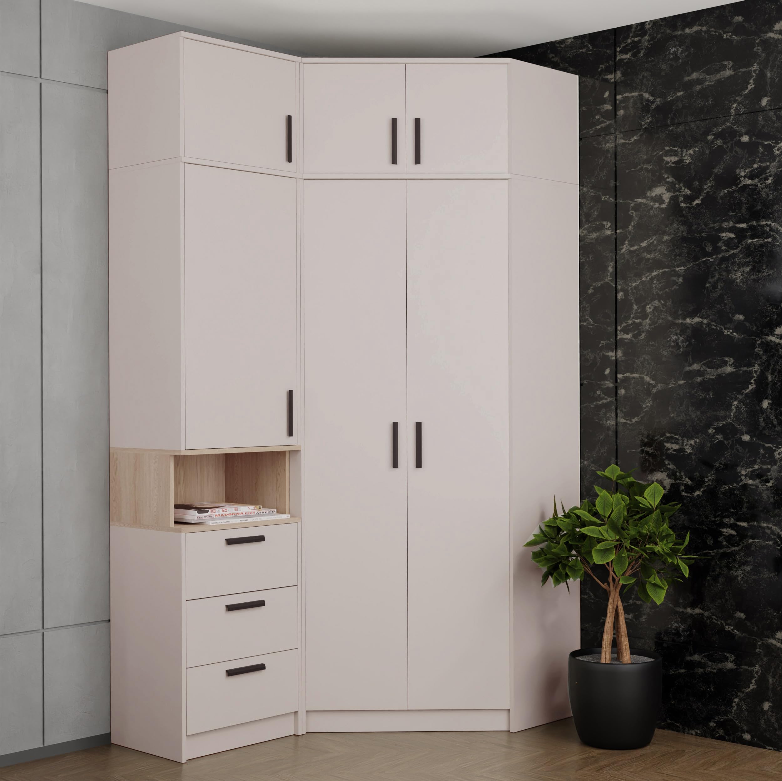 Eckkleiderschrank Set Gustavo 12 mit Schrankerweiterung 40 cm Eckschrank mit Regal Kleiderschrank Schlafzimmer Möbel Schrank Schlafzimmer Kinderzimmer CASCHMERE, Eiche Riviera