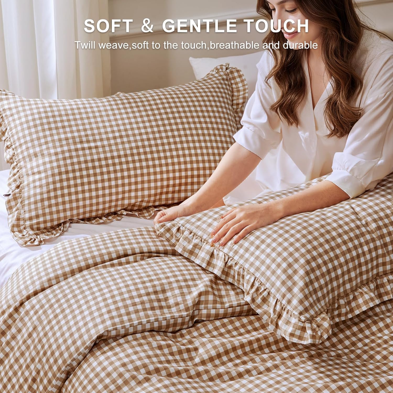 Ruffle Gingham Duvet Cover King Size Brown/White,100% Cotton,Shabby Chic Checkered Plaid Comforter Cover Set,3-Piece Vintage Bedding,104"×90"